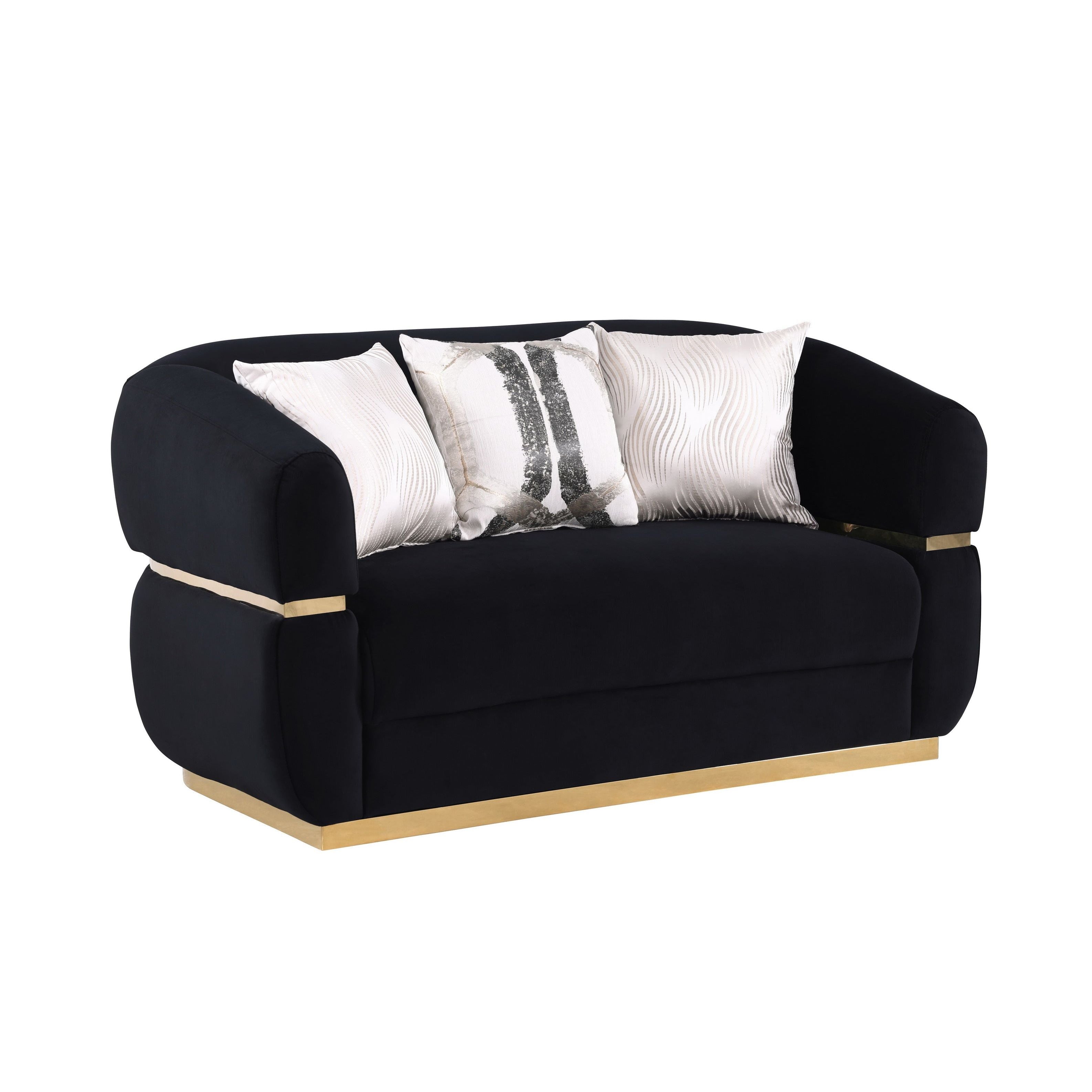 Carmela Black Velvet Sofa and Loveseat Set with Gold Trim, view 4
