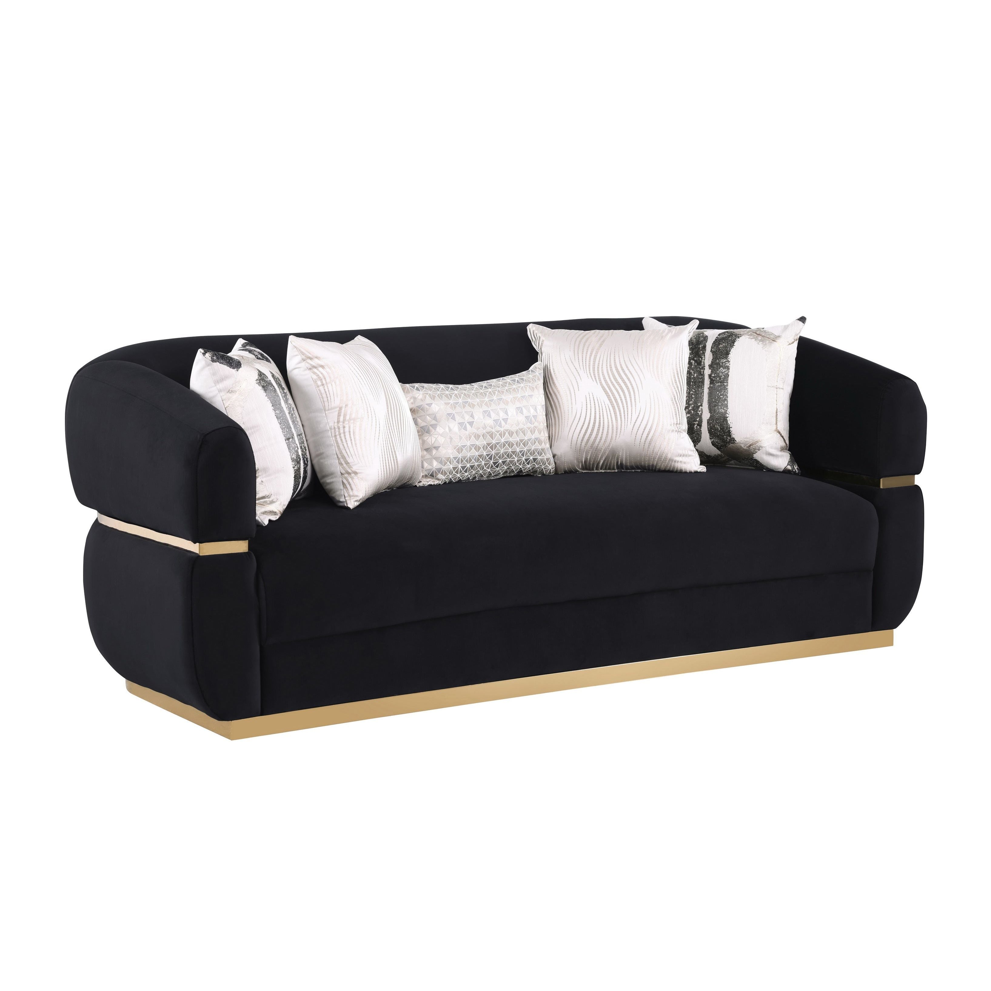 Carmela Black Velvet Sofa and Loveseat Set with Gold Trim, view 3