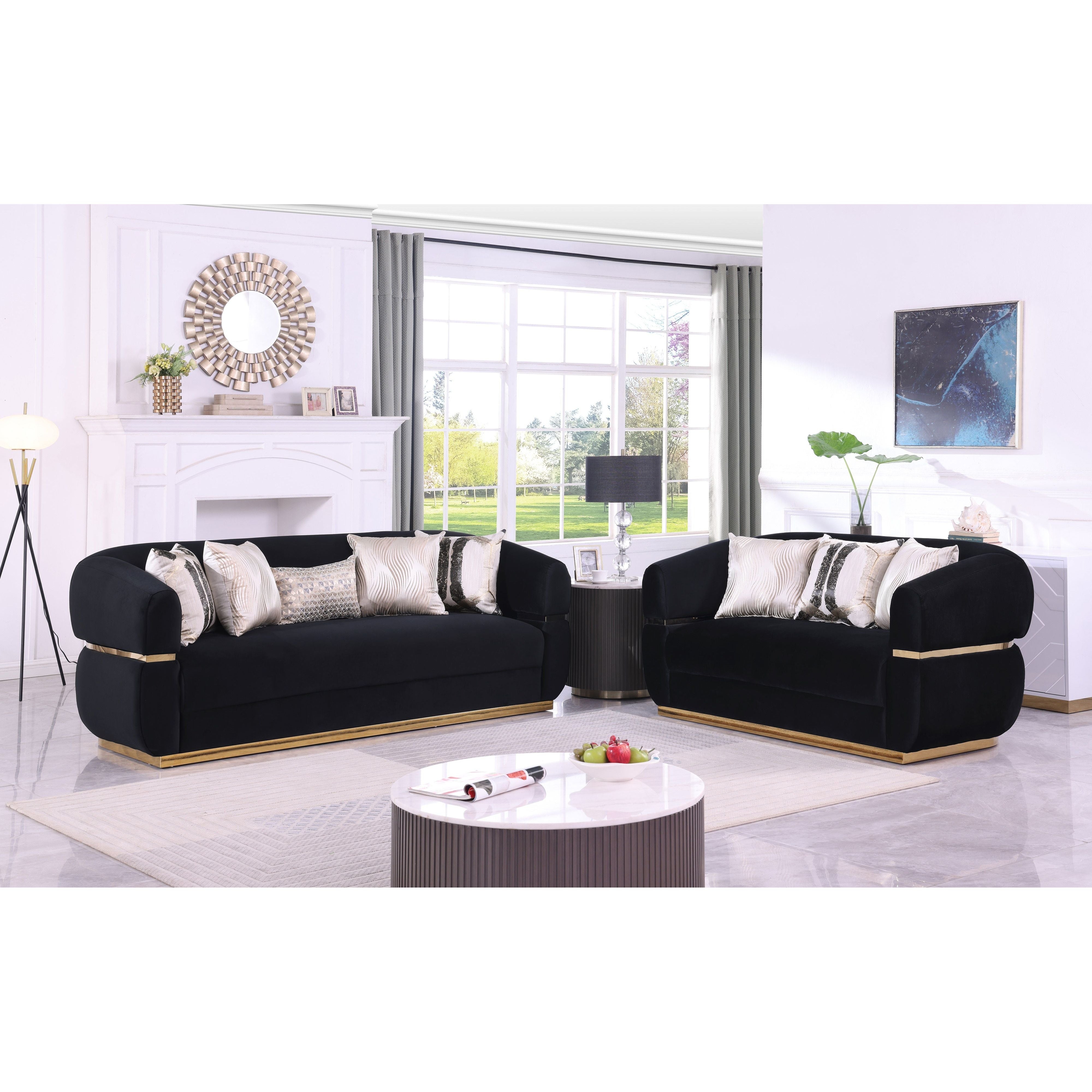 Carmela Black Velvet Sofa and Loveseat Set with Gold Trim