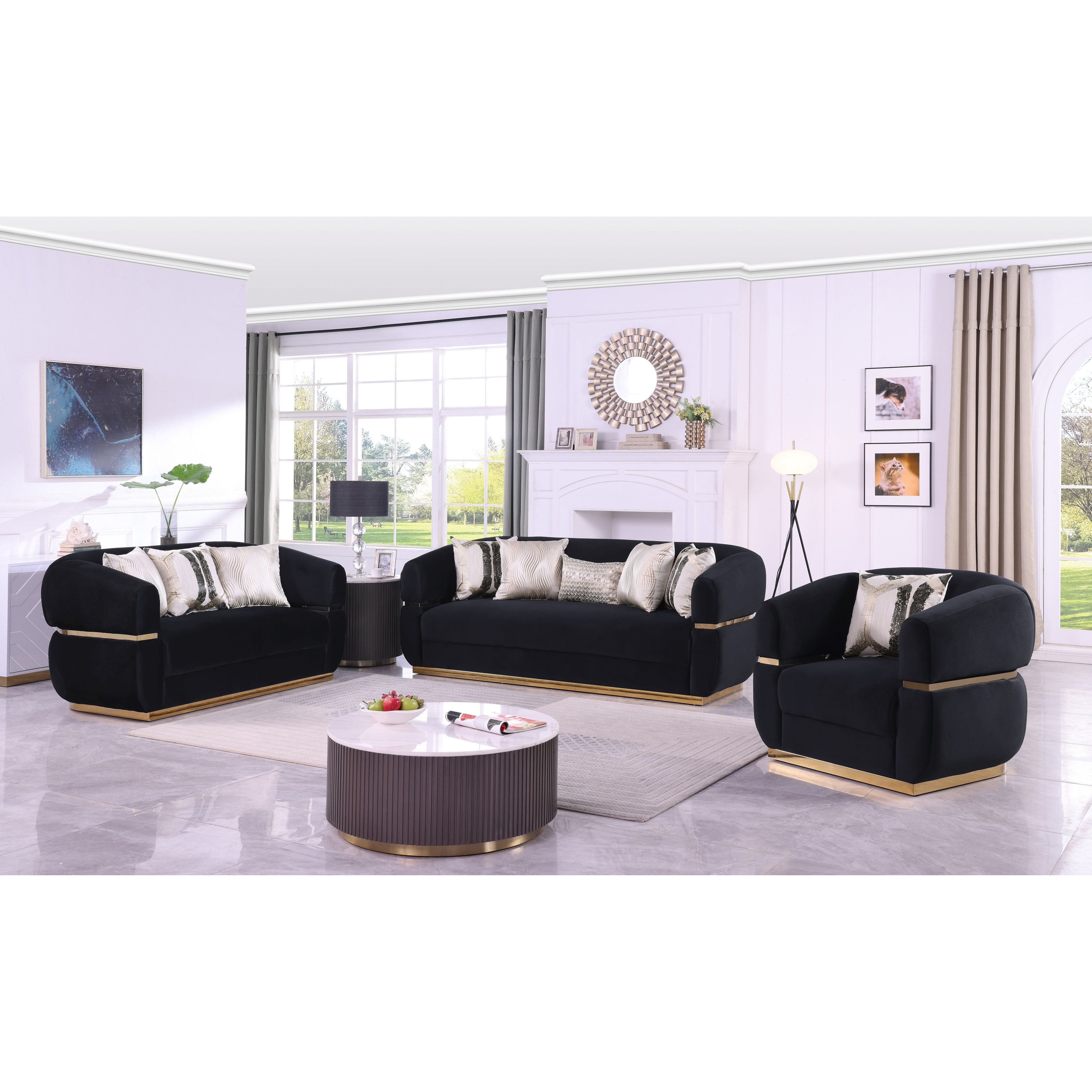Carmela Black Velvet Sofa and Loveseat Set with Gold Trim, view 2