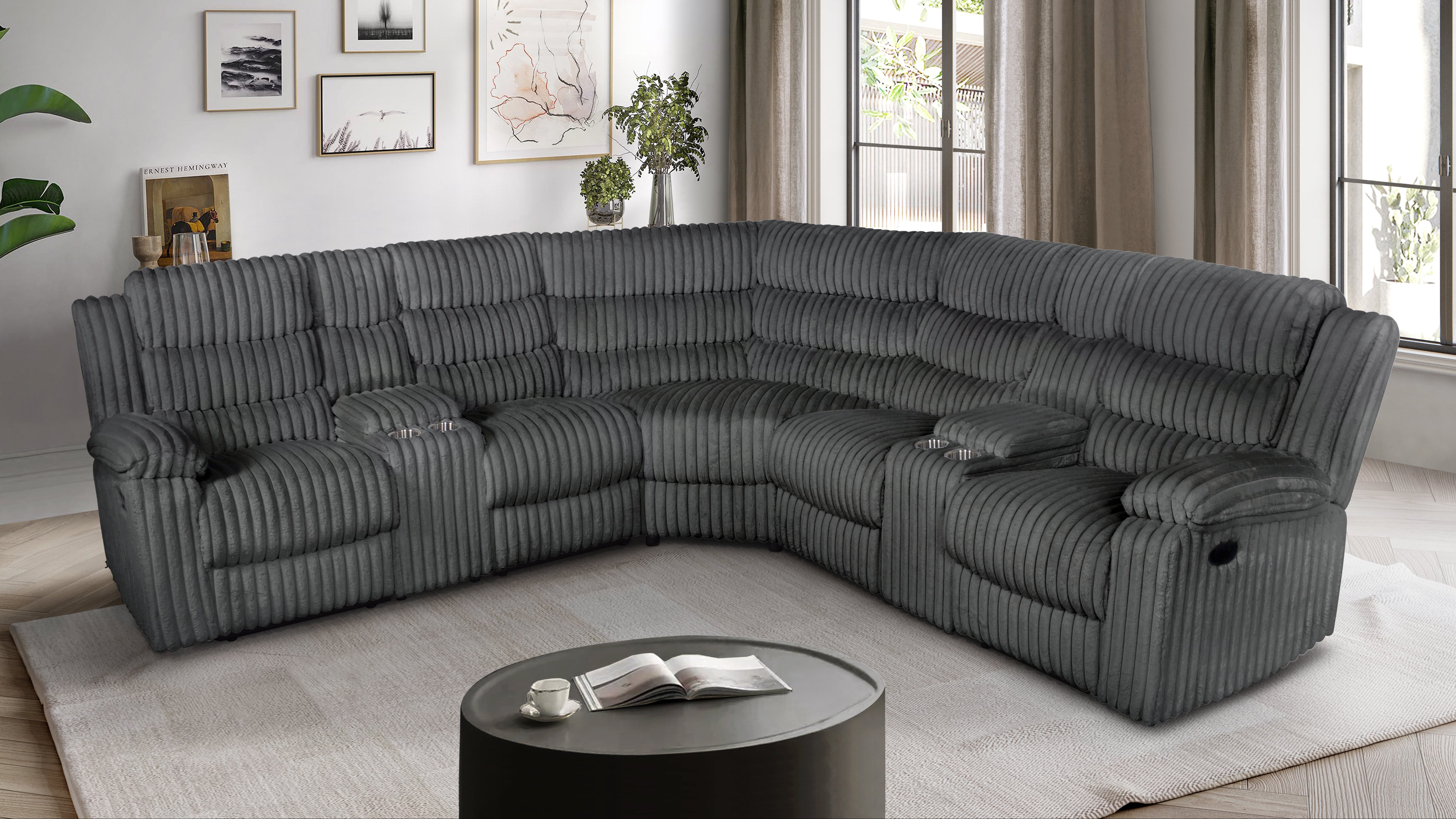 Calantha Gray Corduroy Reclining Sectional with Storage Consoles