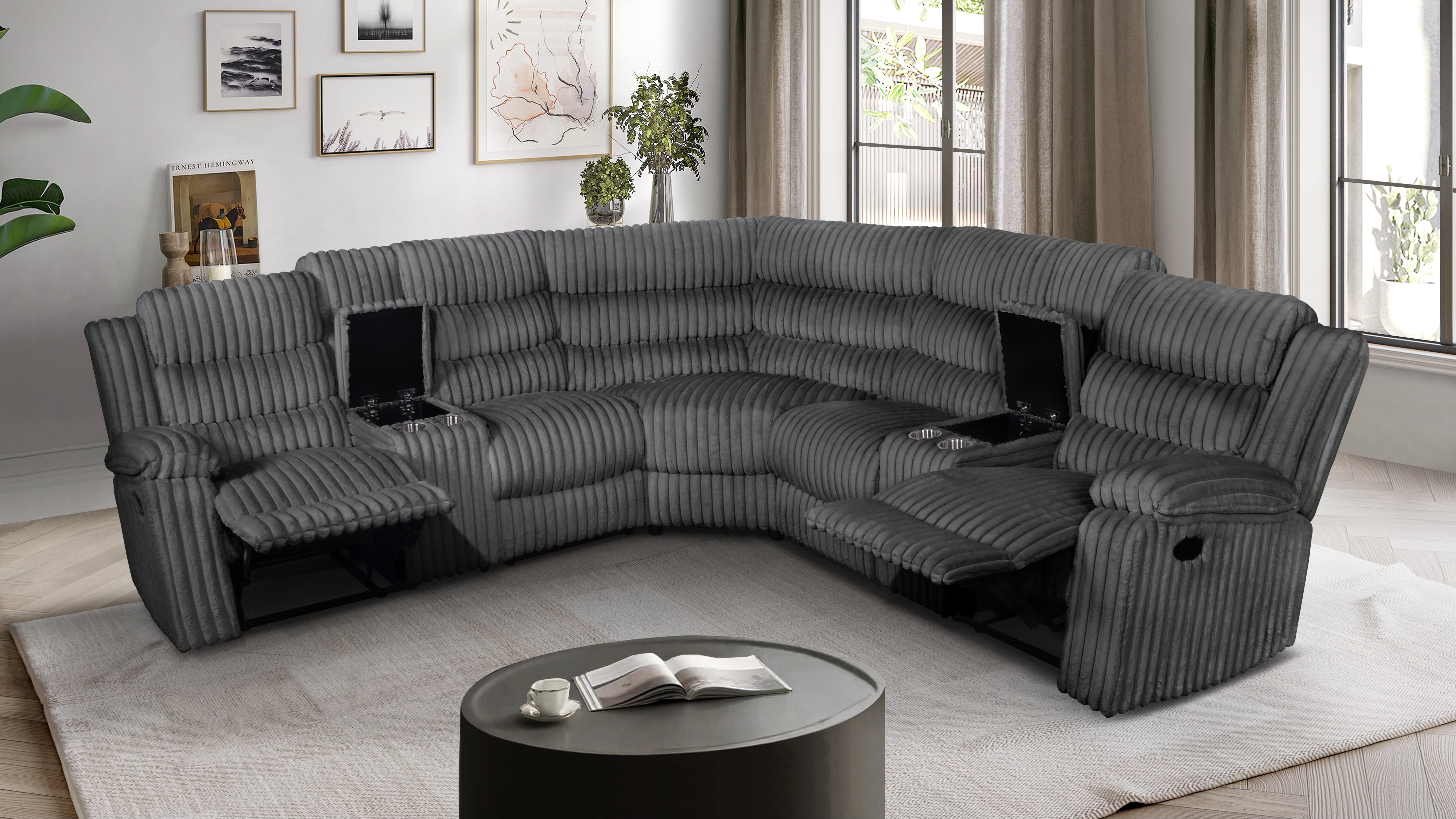 Calantha Gray Corduroy Reclining Sectional with Storage Consoles, view 2