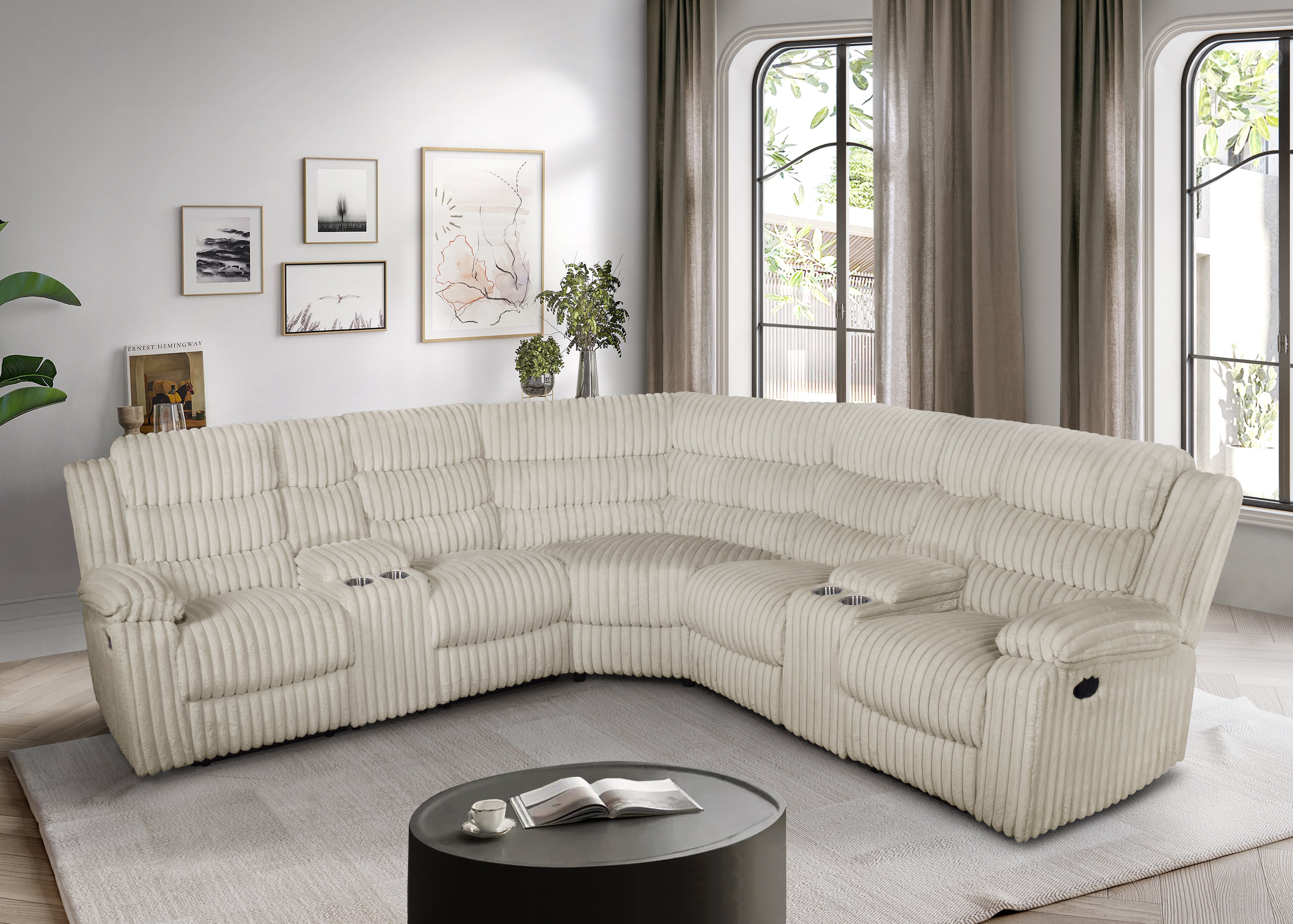Calantha Cream Corduroy Reclining Sectional with Storage Consoles, view 6