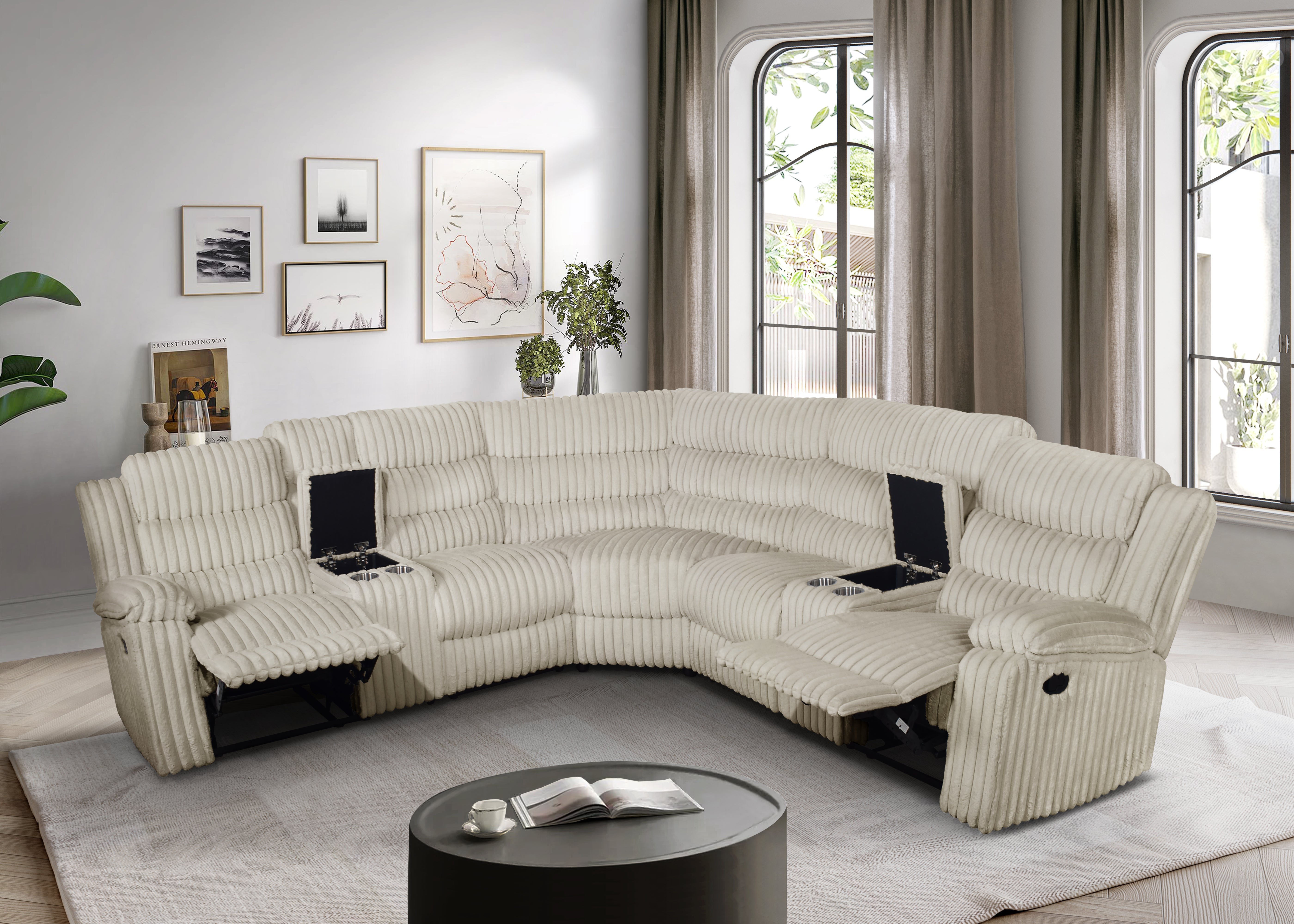 Calantha Cream Corduroy Reclining Sectional with Storage Consoles, view 5