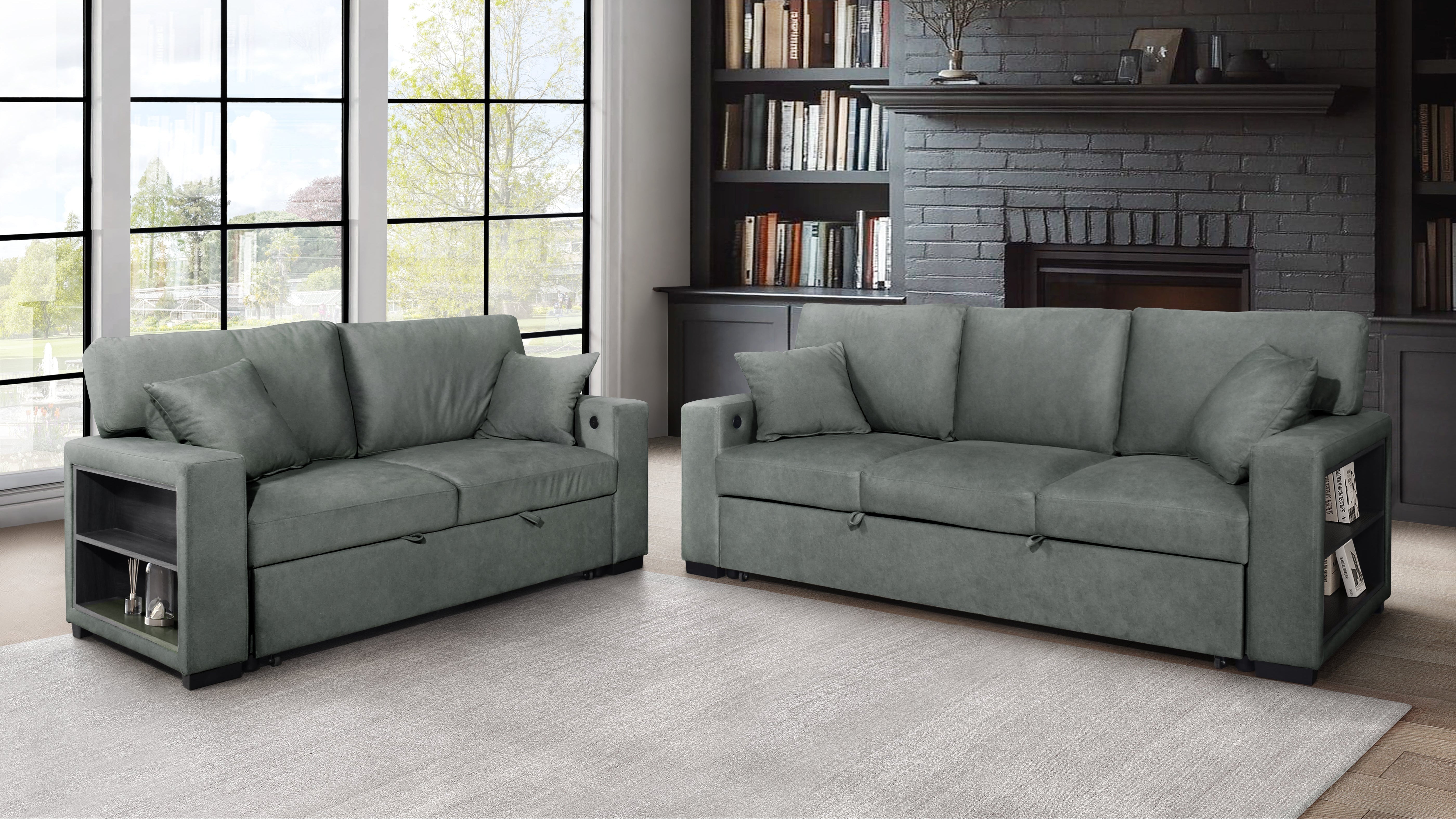 Bexley Gray Sofa and Loveseat Set with Bookcase Arms
