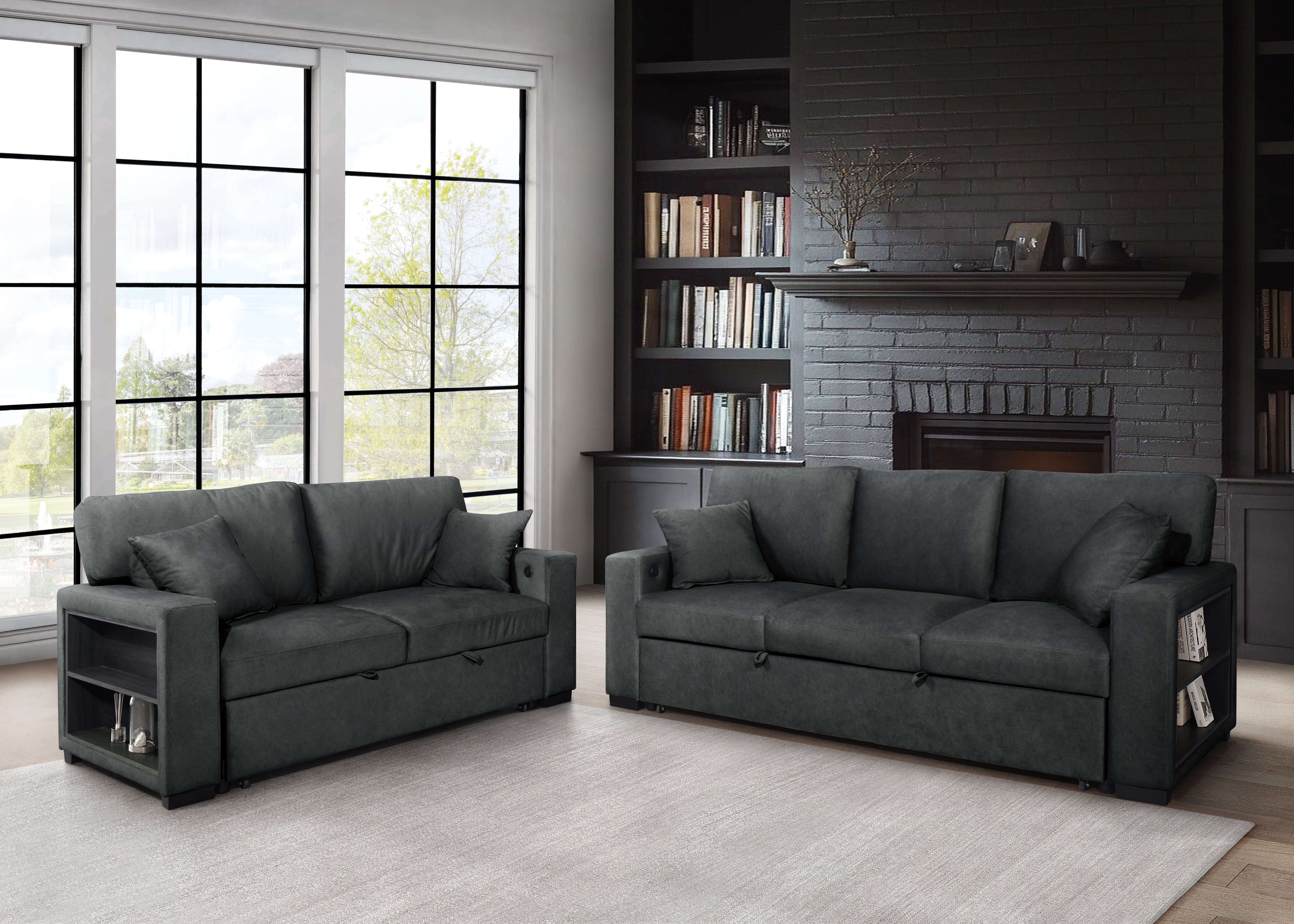 Bexley Black Sofa and Loveseat Set with Bookcase Arms