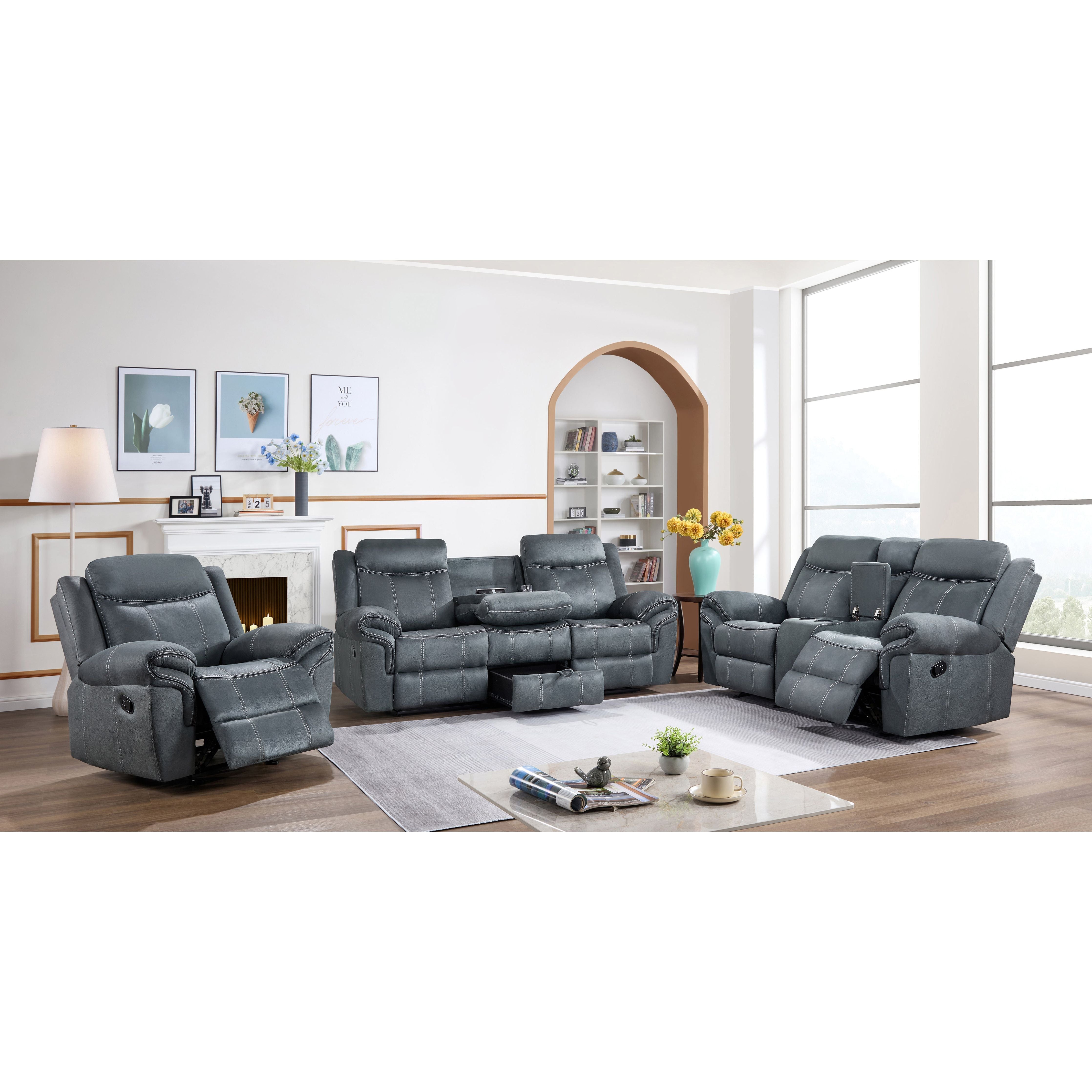 Rio Grande Gray Microfiber Reclining Set with Drop-Down Table