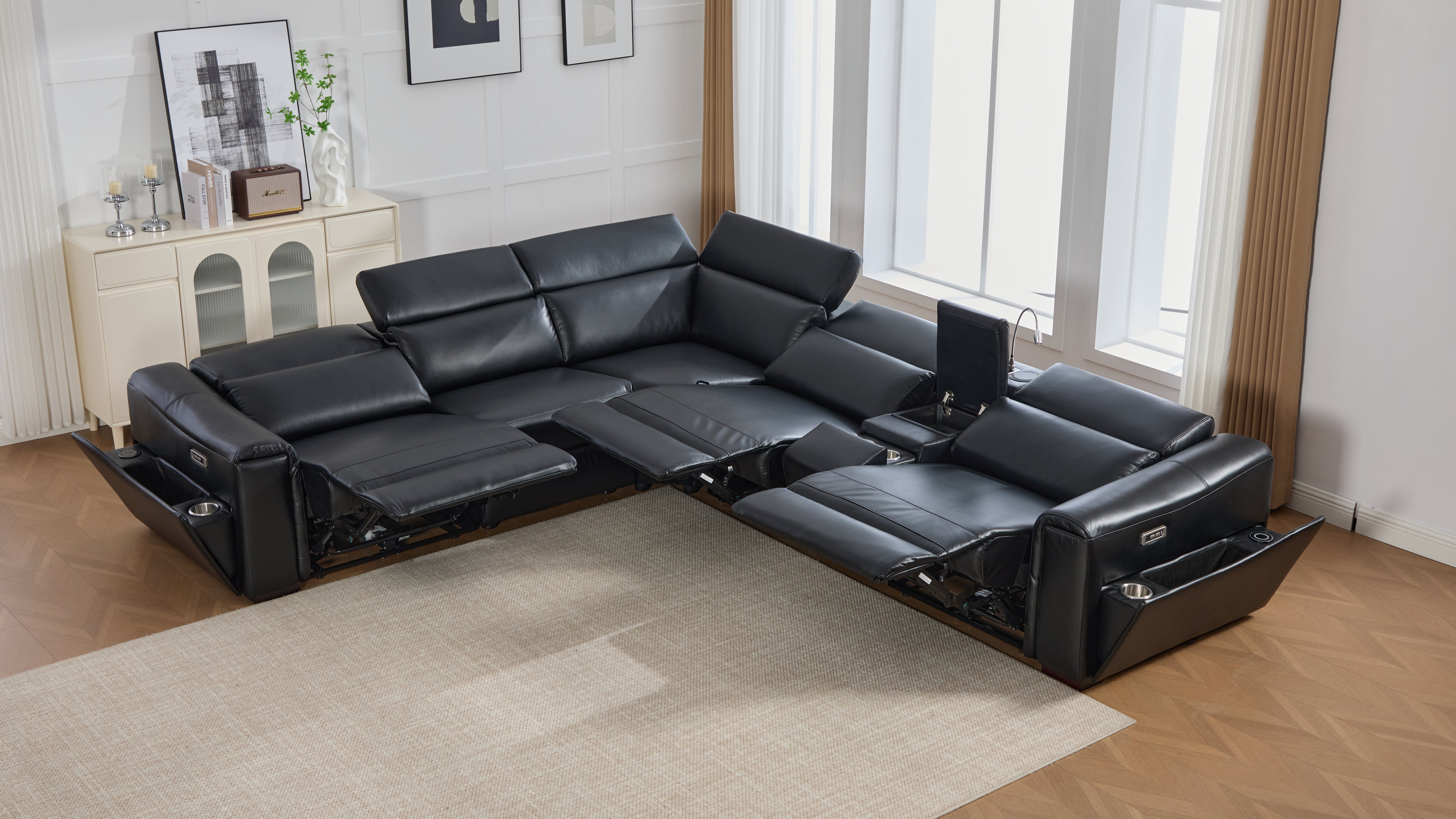 Divani Black Leather-Gel 7-Piece Power Reclining Sectional with Bluetooth Speakers, view 9