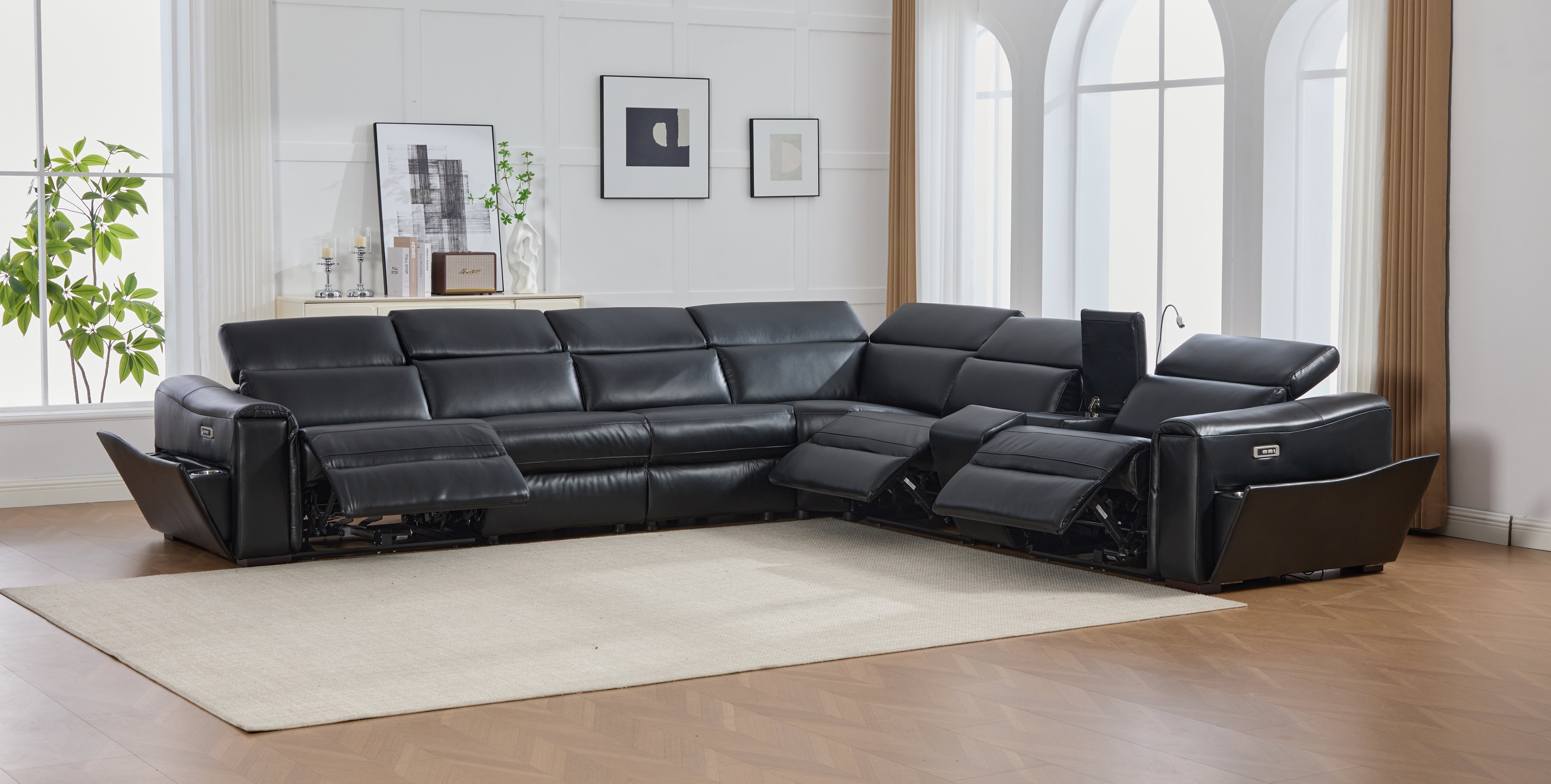 Divani Black Leather-Gel 7-Piece Power Reclining Sectional with Bluetooth Speakers