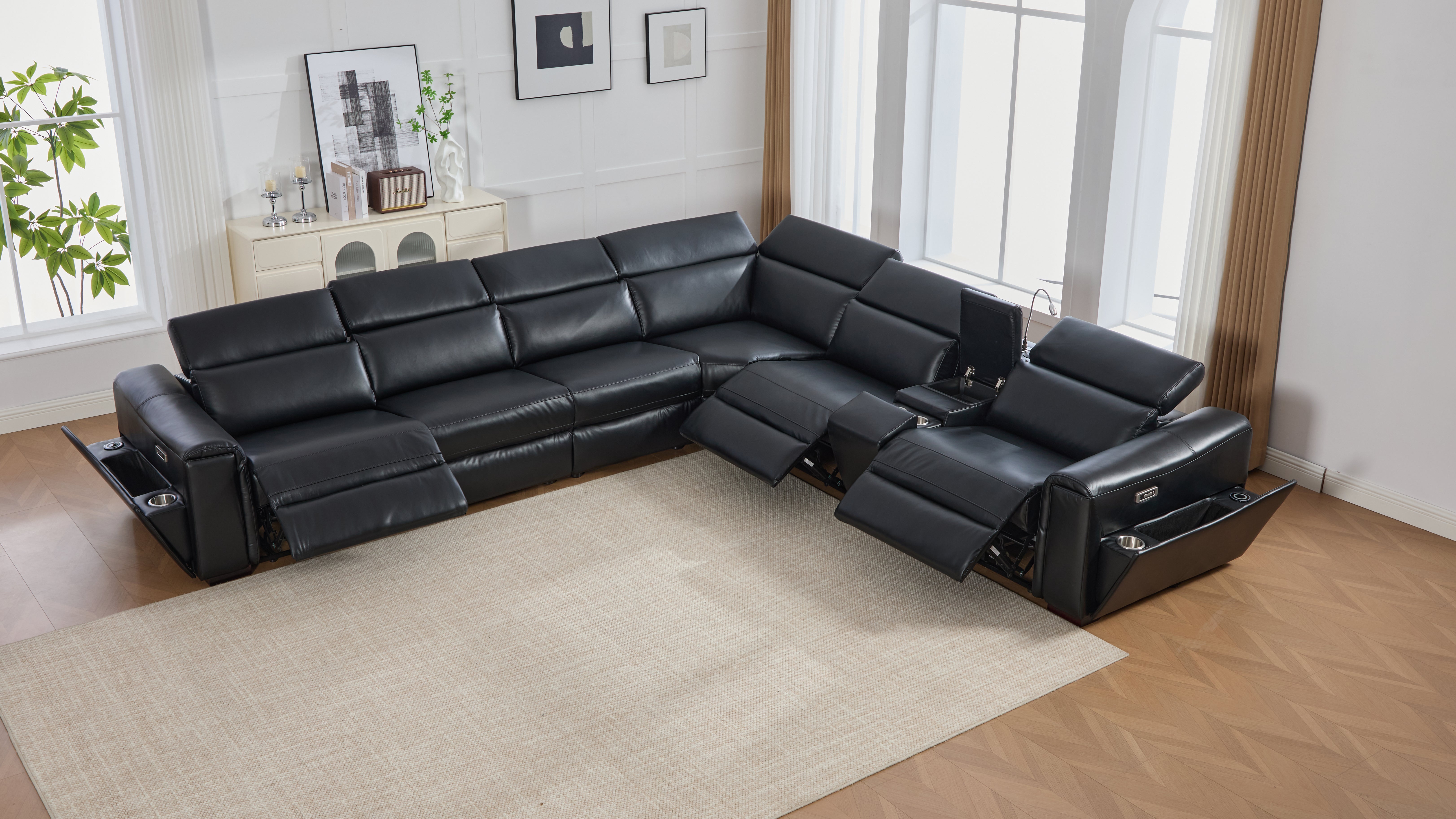 Divani Black Leather-Gel 7-Piece Power Reclining Sectional with Bluetooth Speakers, view 6