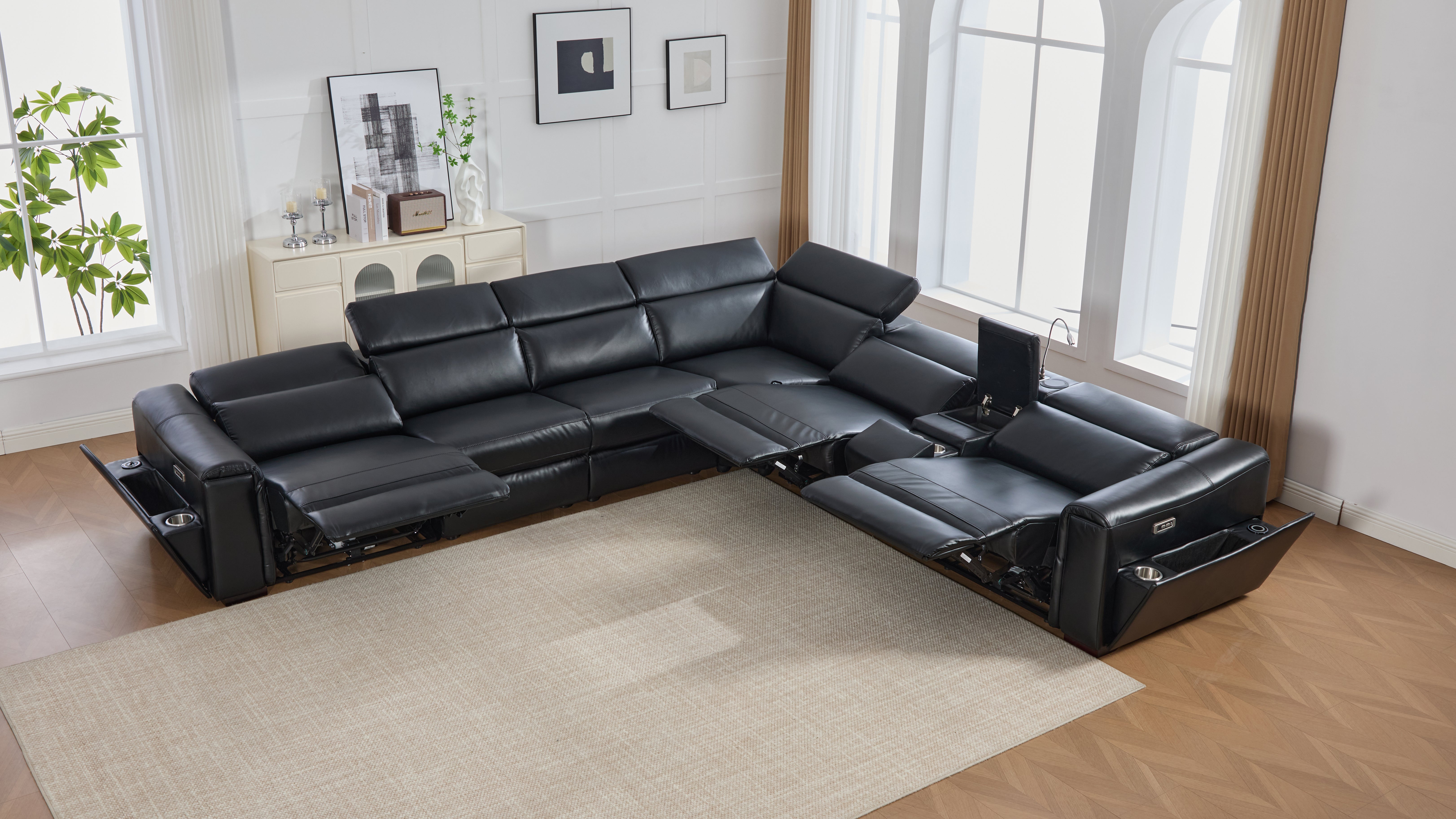 Divani Black Leather-Gel 7-Piece Power Reclining Sectional with Bluetooth Speakers, view 2