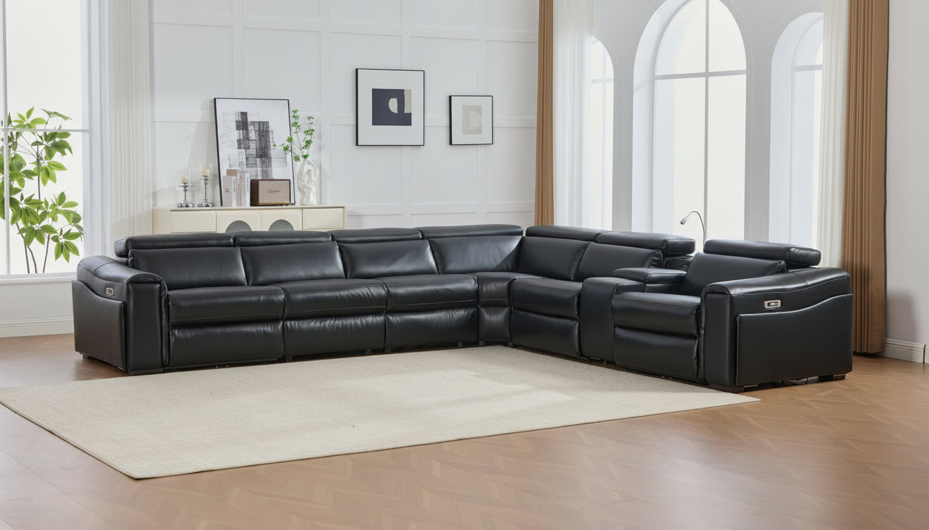 Divani Black Leather-Gel 7-Piece Power Reclining Sectional with Bluetooth Speakers, view 3