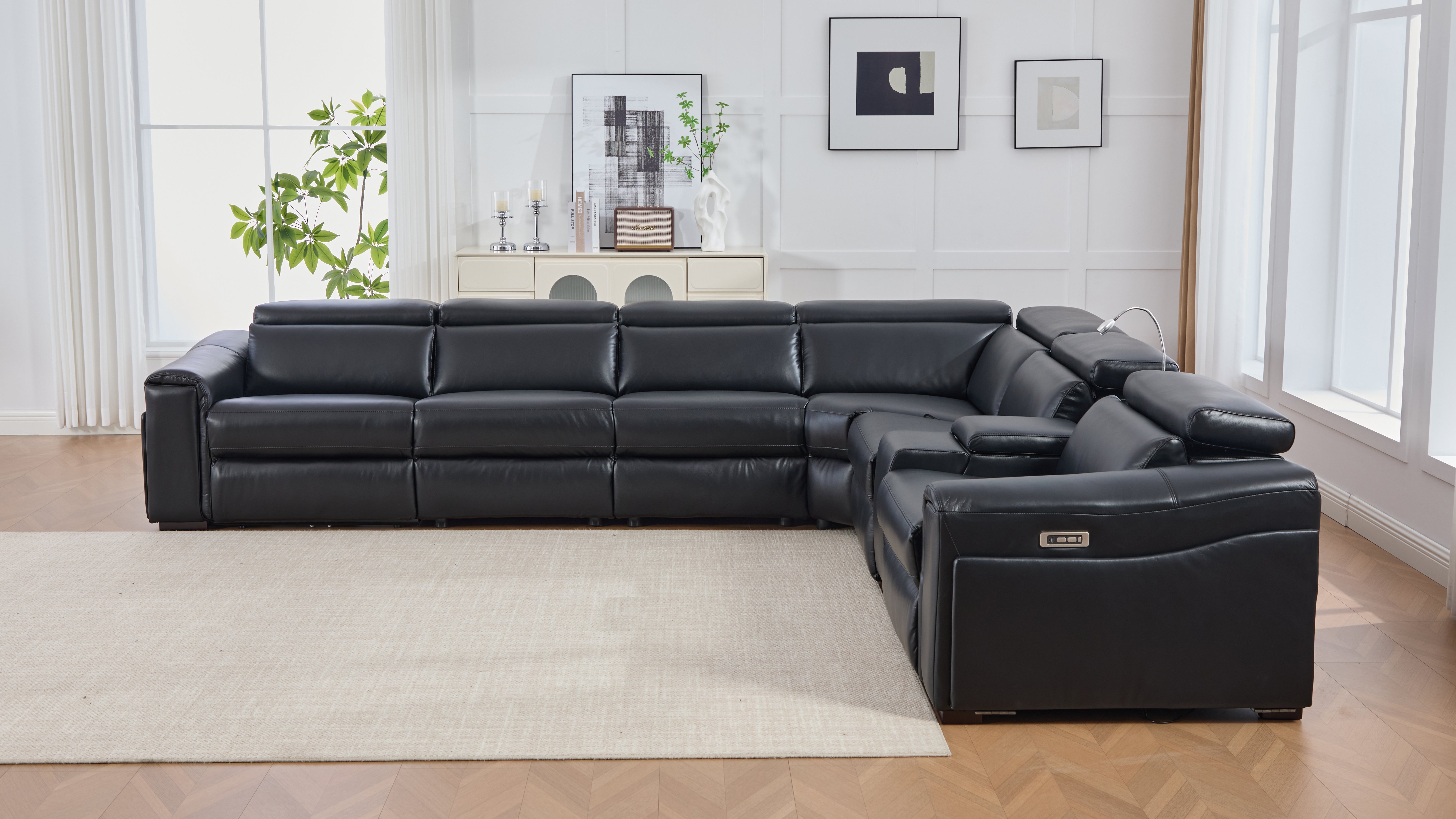 Divani Black Leather-Gel 7-Piece Power Reclining Sectional with Bluetooth Speakers, view 4