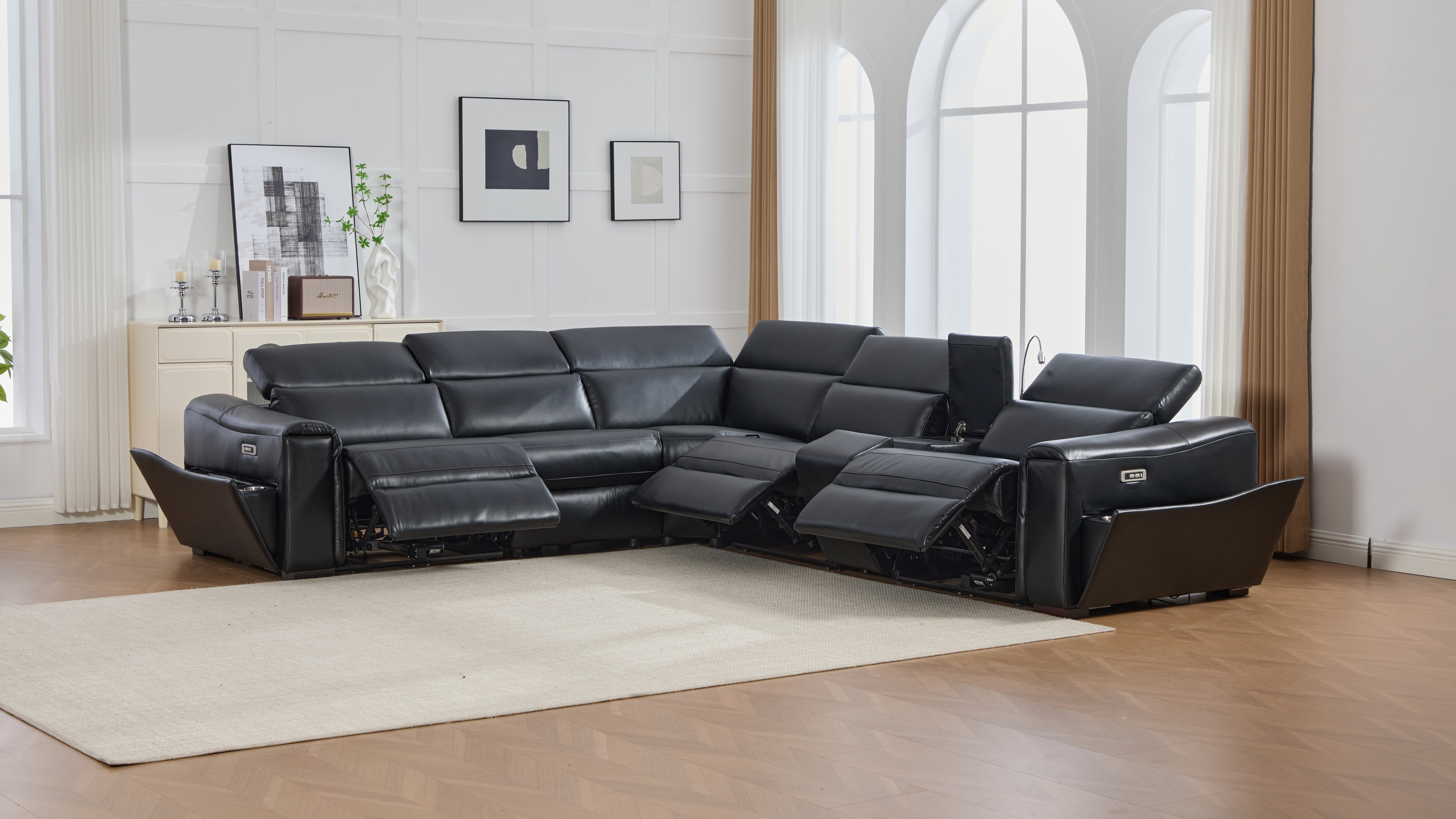 Divani Black Leather-Gel 7-Piece Power Reclining Sectional with Bluetooth Speakers, view 8