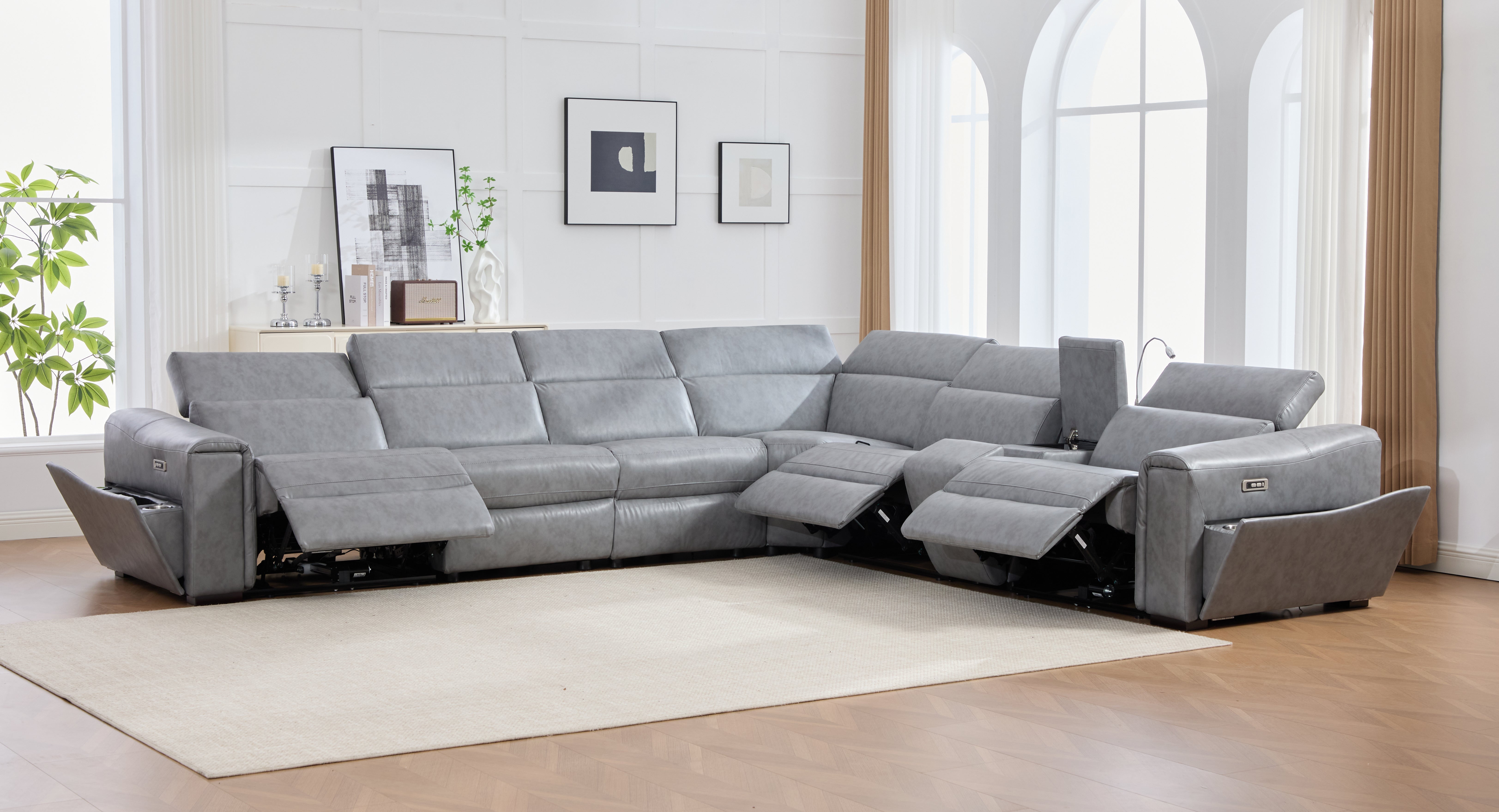 Divani Gray Leather-Gel 7-Piece Power Reclining Sectional with Bluetooth Speakers