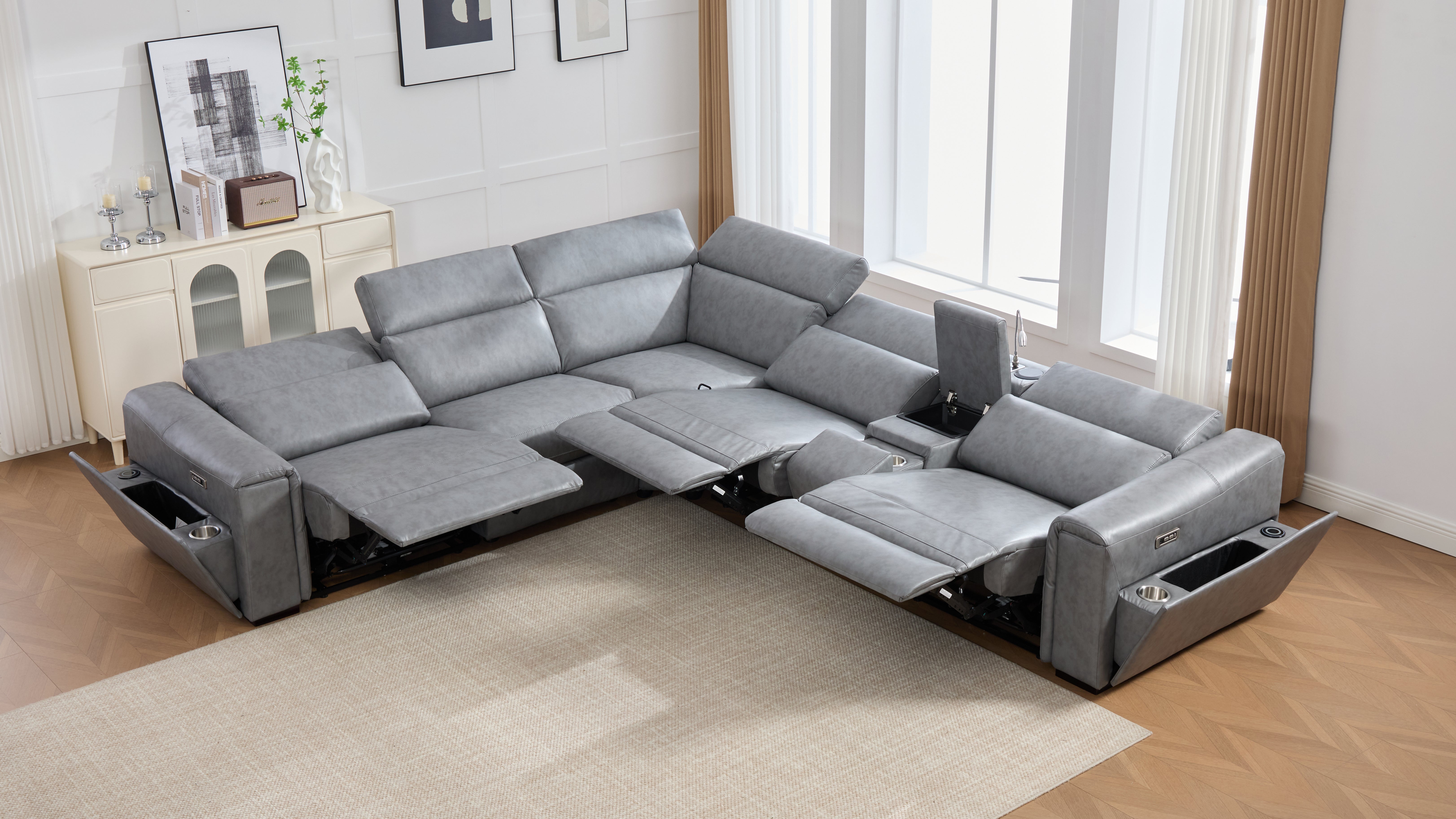 Divani Gray Leather-Gel 7-Piece Power Reclining Sectional with Bluetooth Speakers, view 7