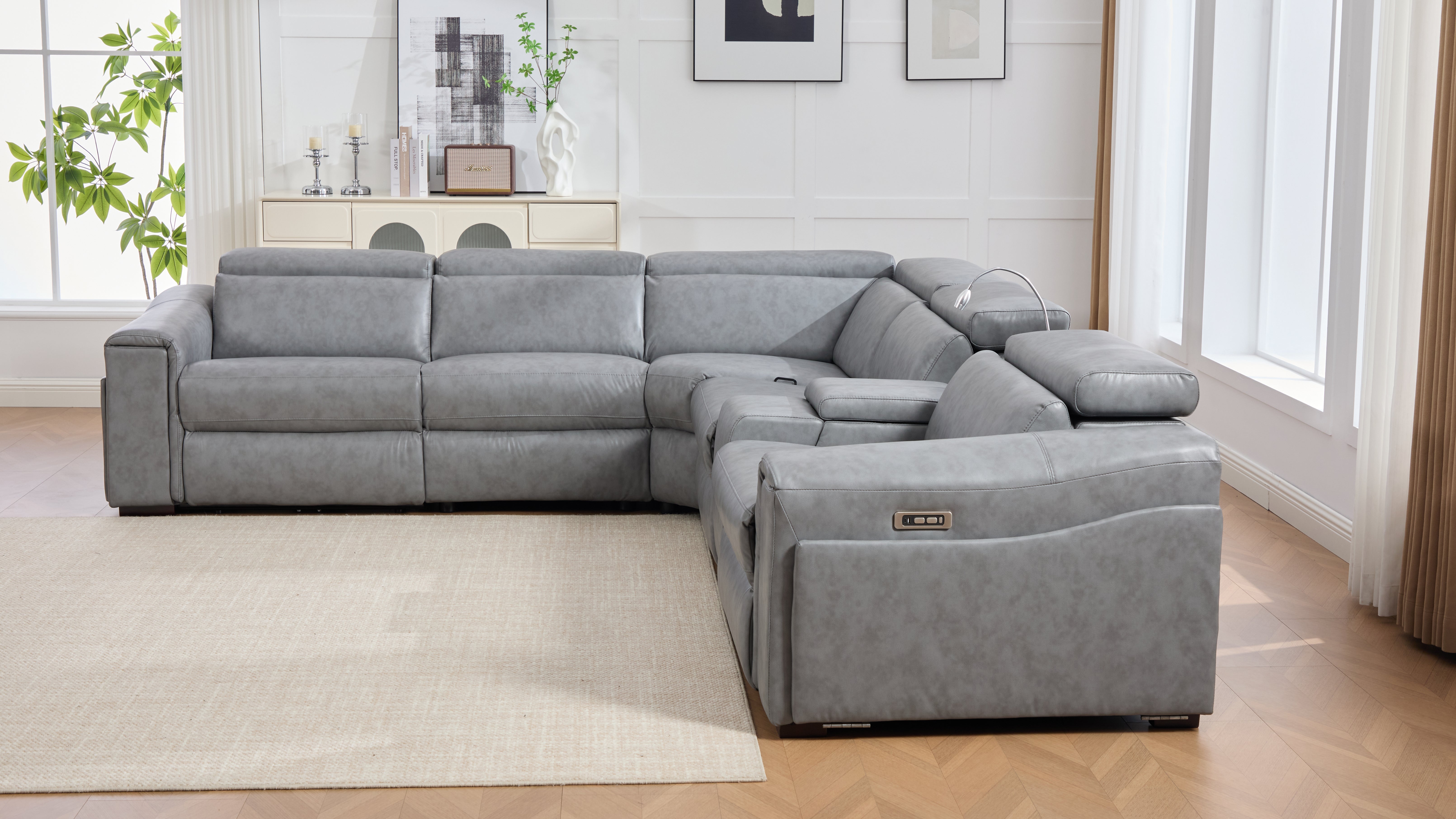 Divani Gray Leather-Gel 7-Piece Power Reclining Sectional with Bluetooth Speakers, view 10