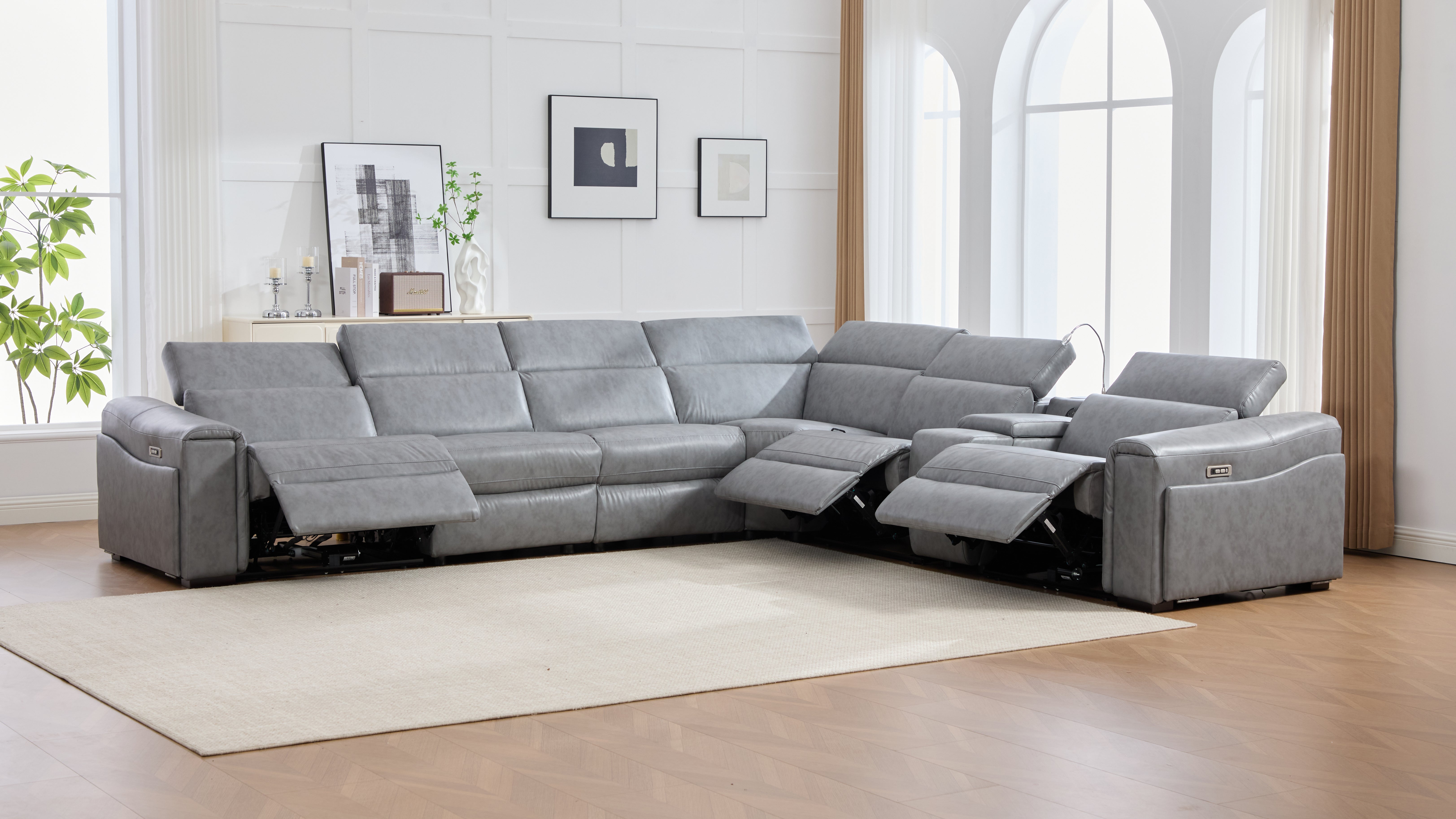 Divani Gray Leather-Gel 7-Piece Power Reclining Sectional with Bluetooth Speakers, view 5