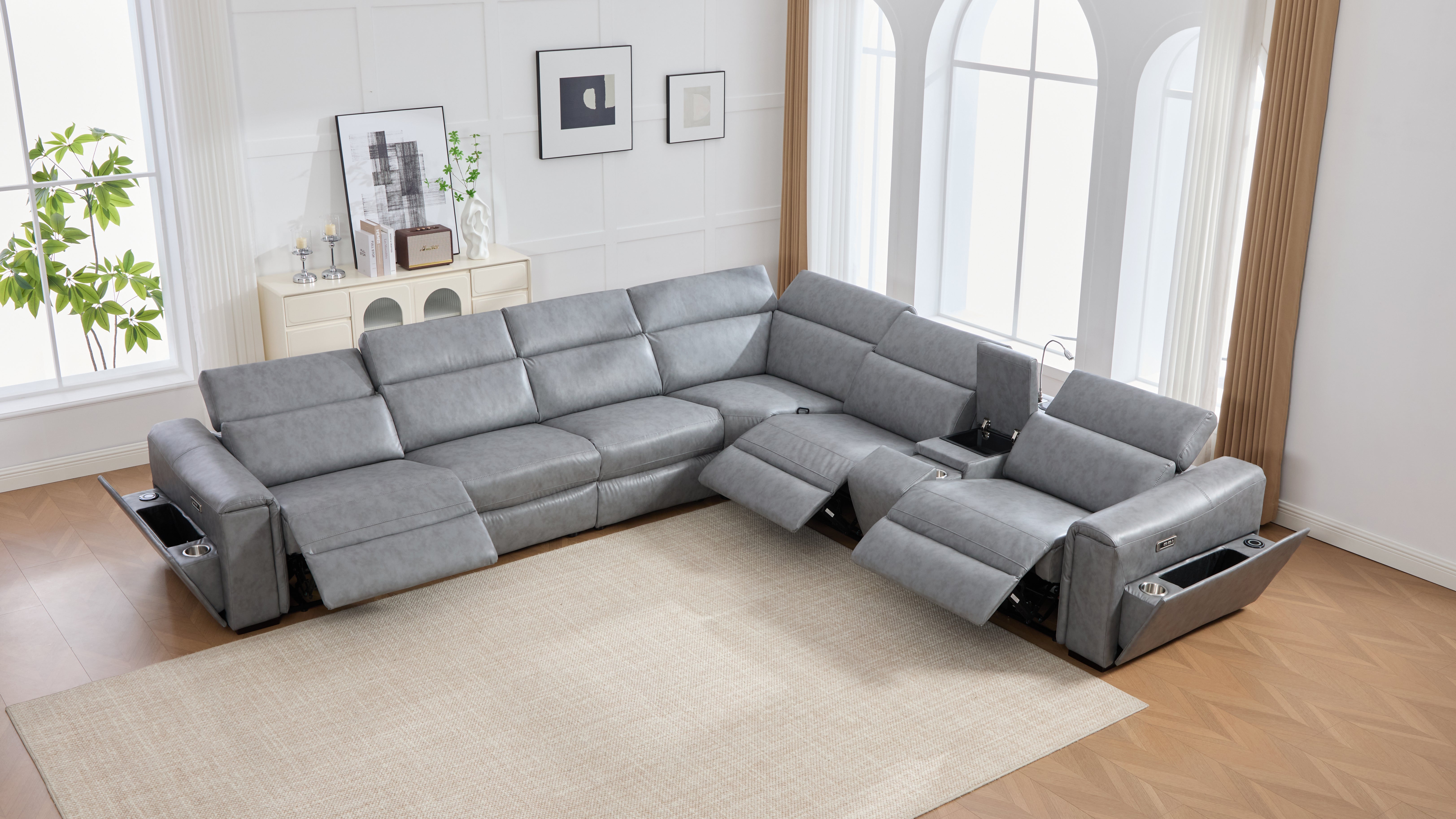 Divani Gray Leather-Gel 7-Piece Power Reclining Sectional with Bluetooth Speakers, view 6