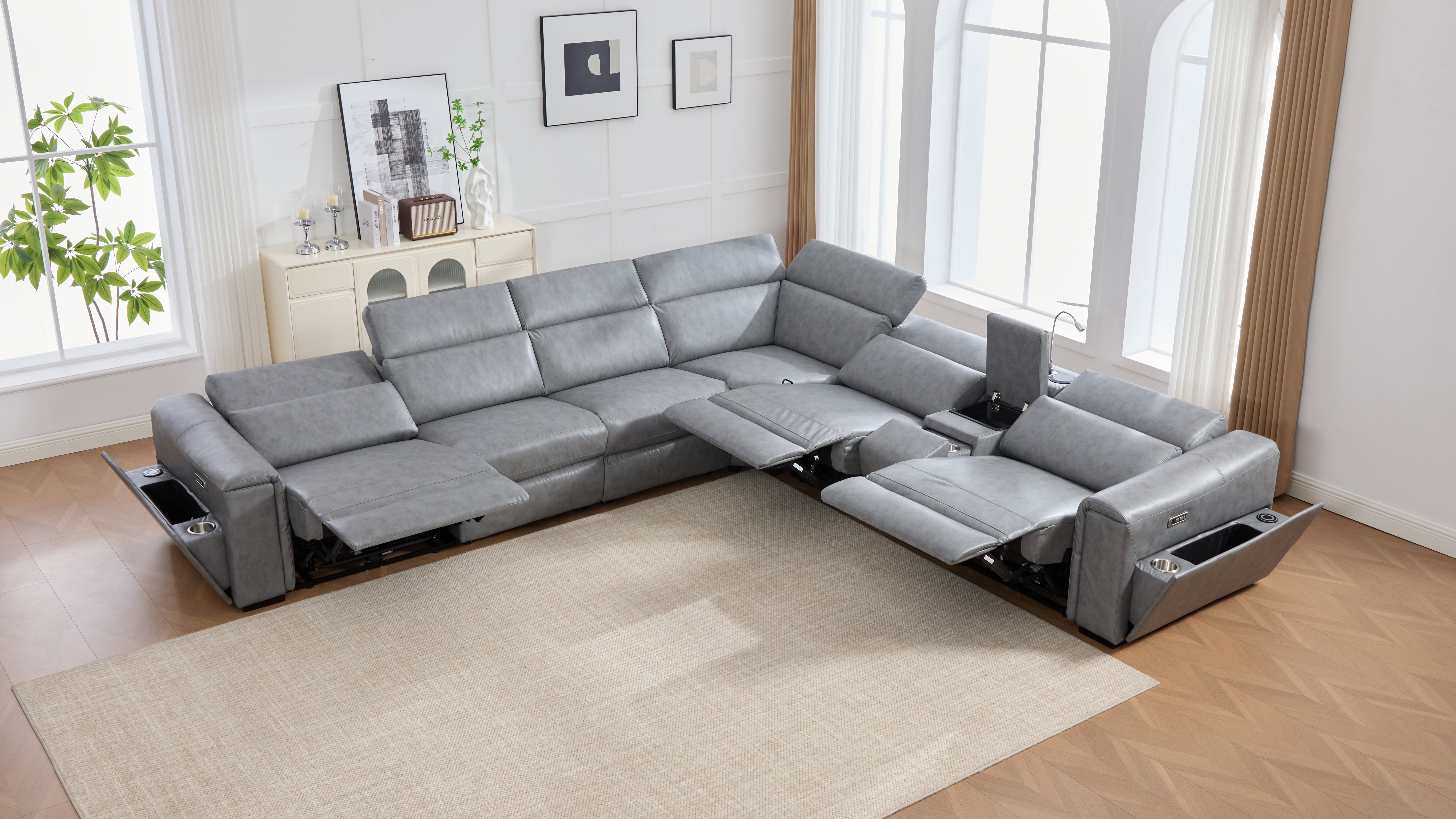 Divani Gray Leather-Gel 7-Piece Power Reclining Sectional with Bluetooth Speakers, view 2