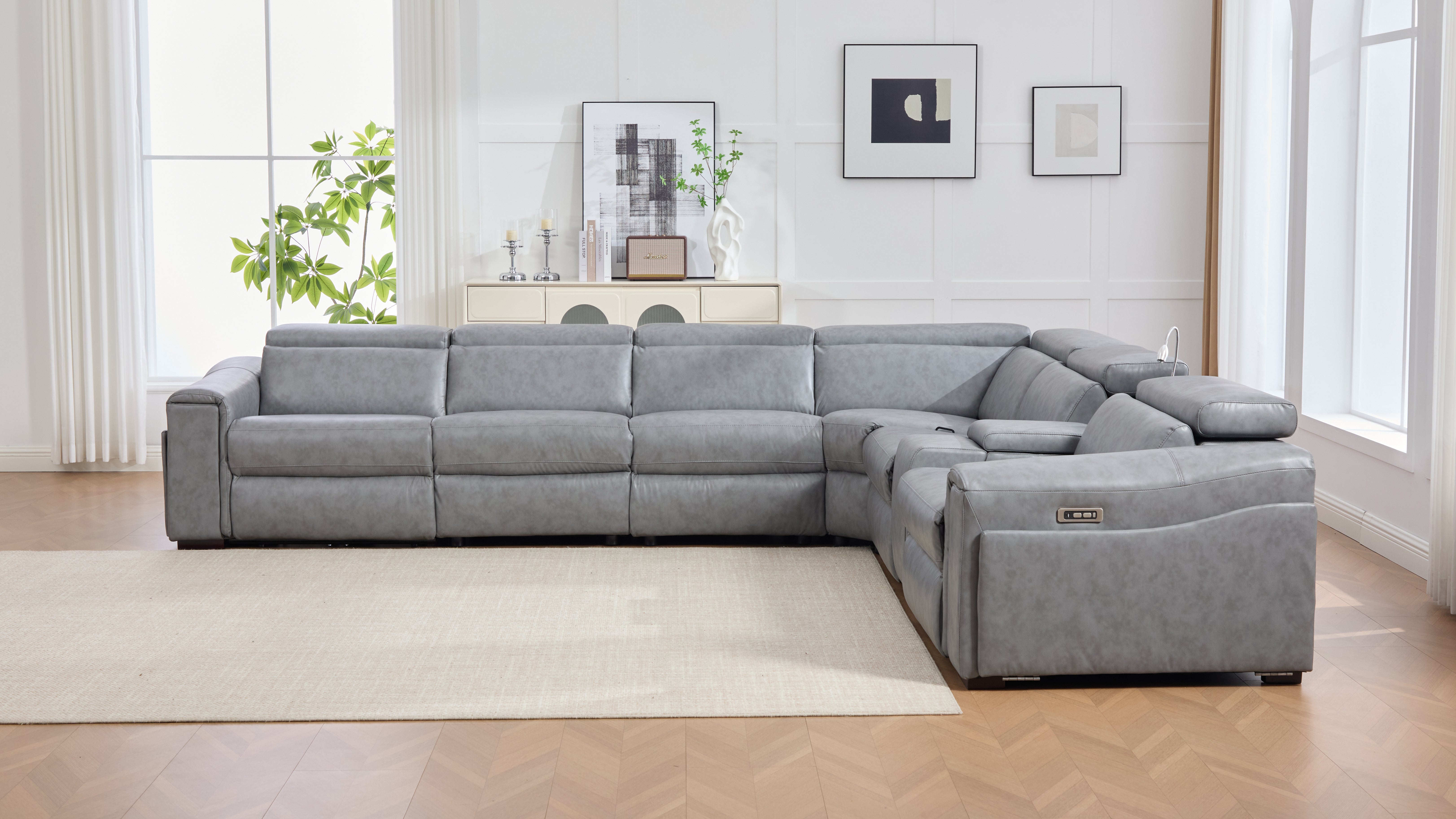 Divani Gray Leather-Gel 7-Piece Power Reclining Sectional with Bluetooth Speakers, view 4