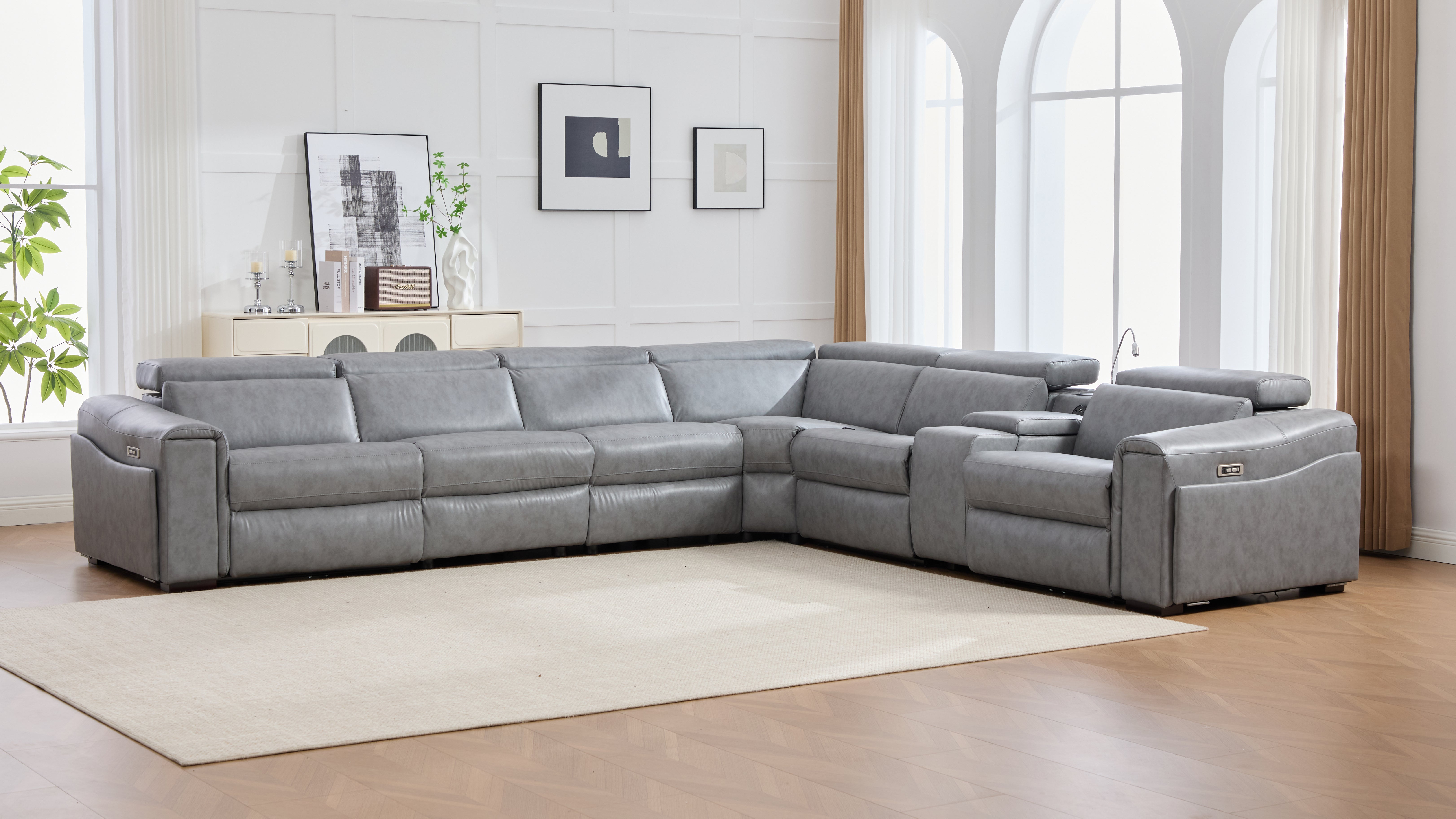 Divani Gray Leather-Gel 7-Piece Power Reclining Sectional with Bluetooth Speakers, view 3