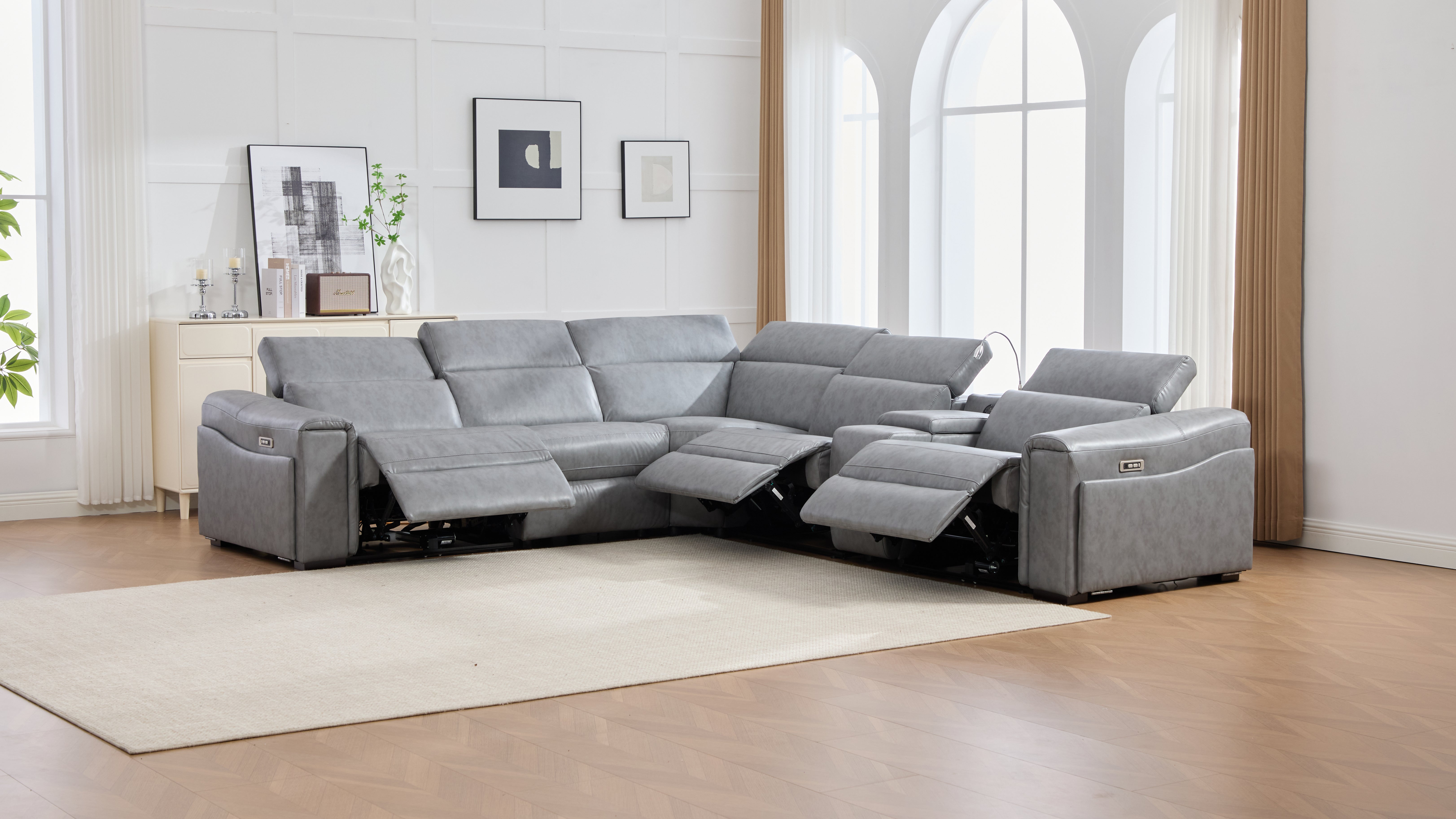 Divani Gray Leather-Gel 7-Piece Power Reclining Sectional with Bluetooth Speakers, view 8