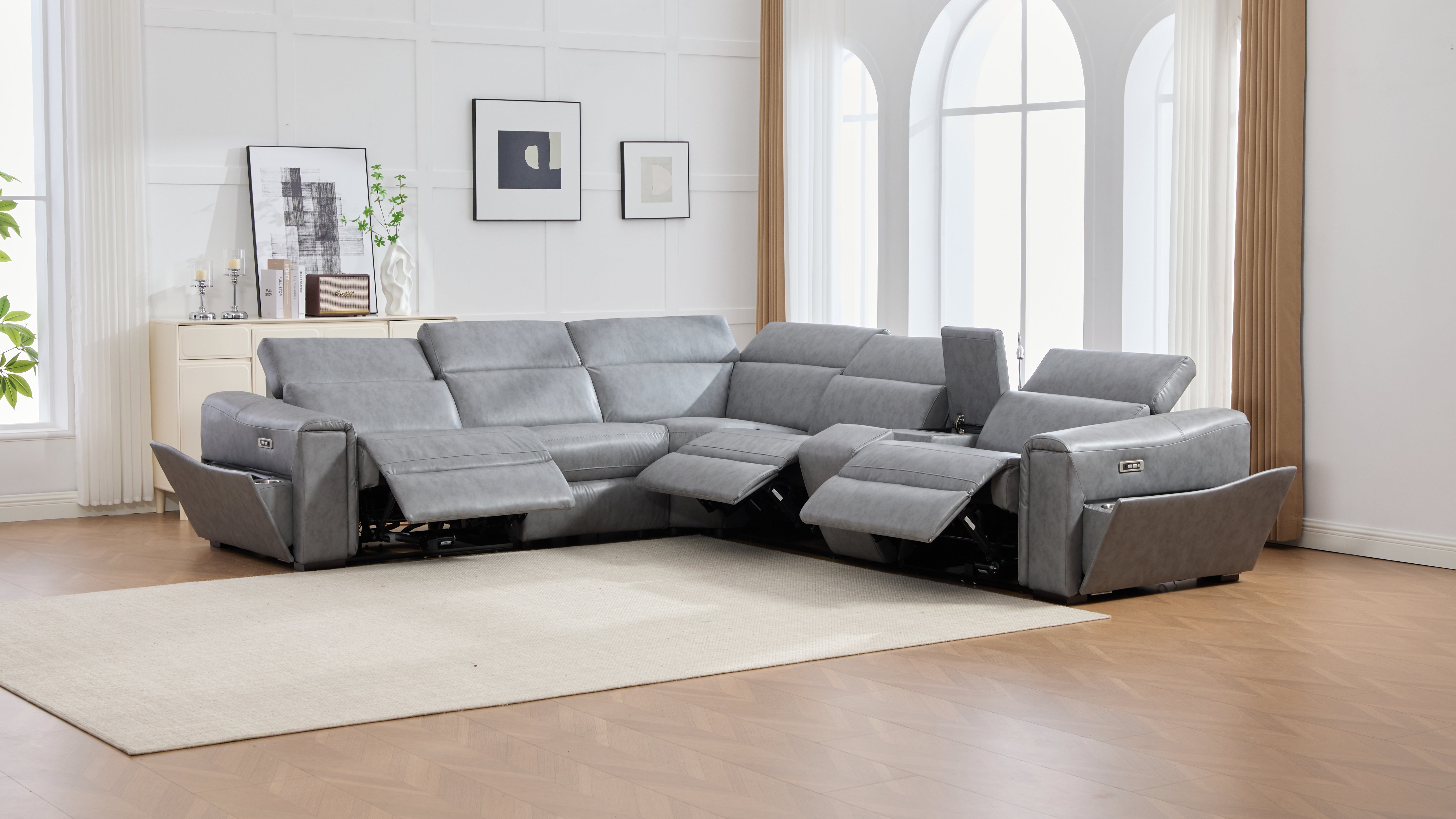 Divani Gray Leather-Gel 7-Piece Power Reclining Sectional with Bluetooth Speakers, view 9