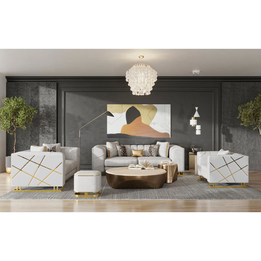 Designer Off White Velvet Sofa and Loveseat Set with Gold Accents