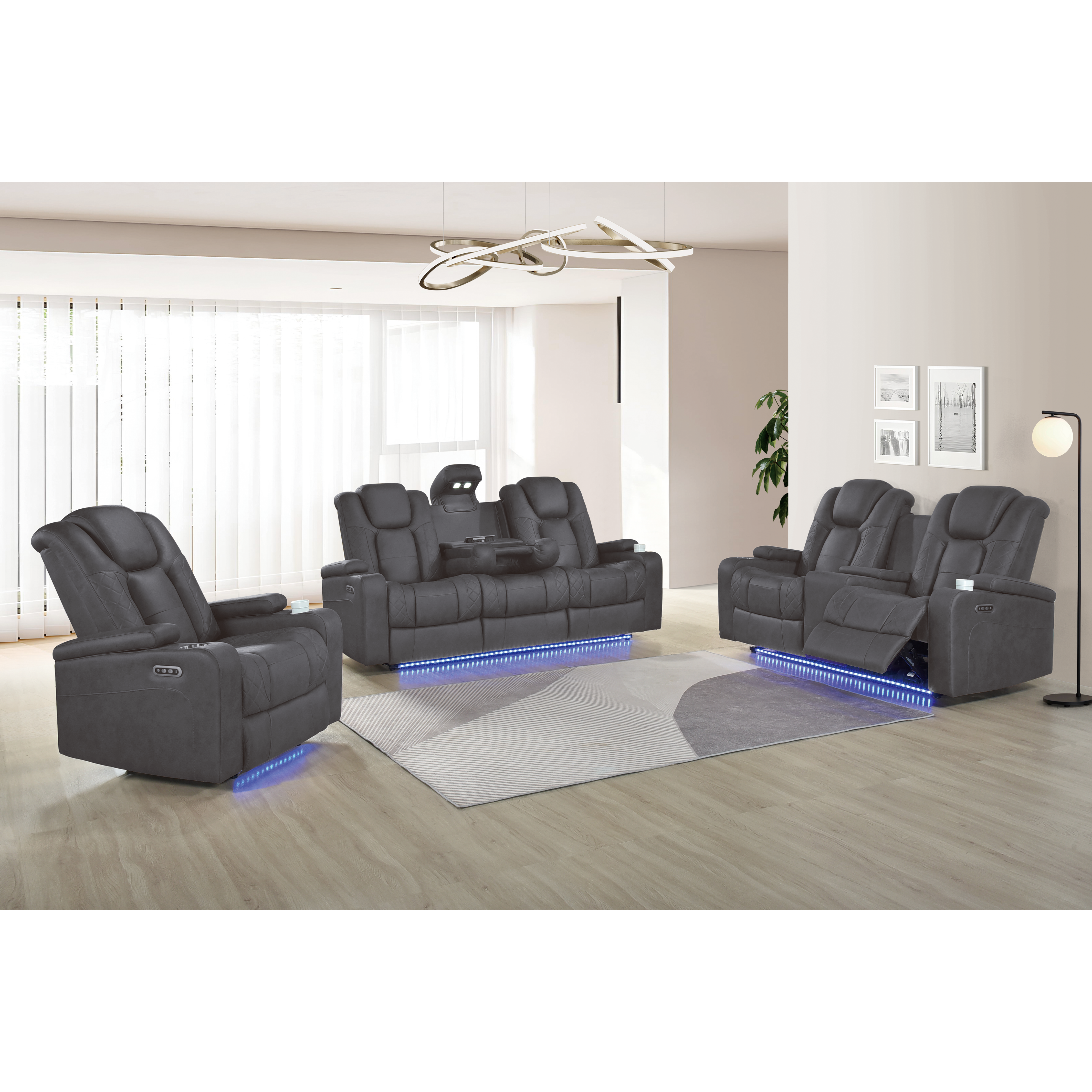 Gray Performance Fabric Power Reclining Sofa and Loveseat with LED Lights, view 2