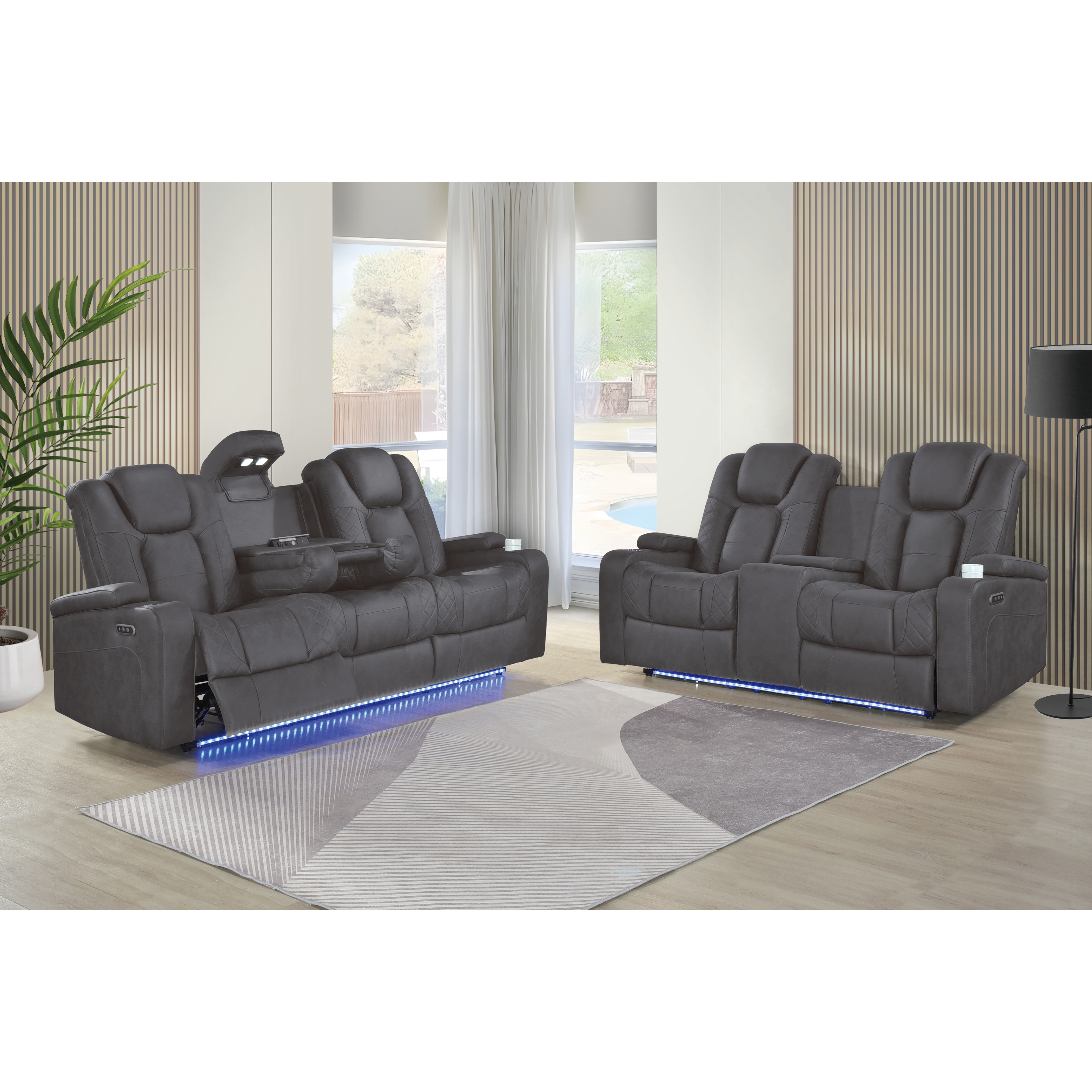 Gray Performance Fabric Power Reclining Sofa and Loveseat with LED Lights