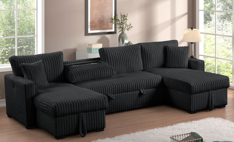 JULY 3PC DOUBLE STORAGE CHAISE BLACK CORDUROY SECTIONAL