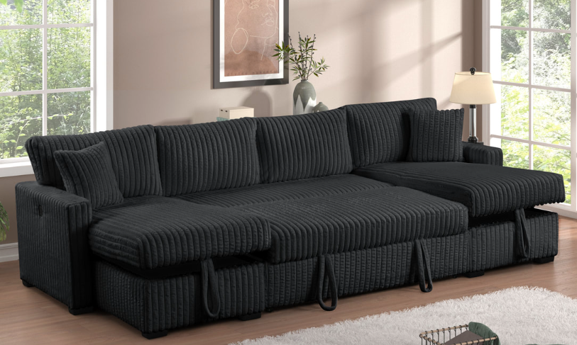 JULY 3PC DOUBLE STORAGE CHAISE BLACK CORDUROY SECTIONAL