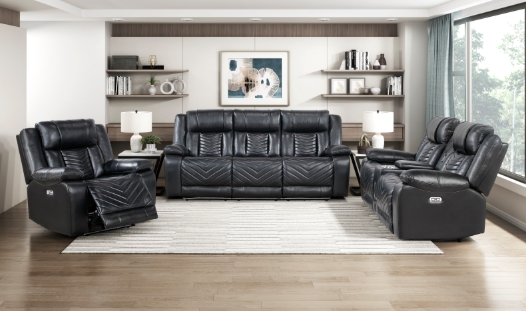 HURON BLACK LEATHER GEL POWER RECLINING SET