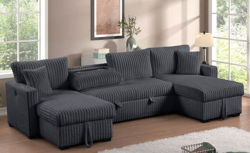 JULY 3PC DOUBLE STORAGE CHAISE CHARCOAL CORDUROY SECTIONAL