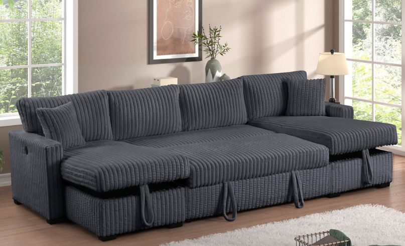 JULY 3PC DOUBLE STORAGE CHAISE CHARCOAL CORDUROY SECTIONAL