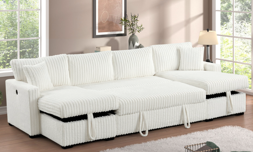 JULY 3PC DOUBLE STORAGE CHAISE BEIGE CORDUROY SECTIONAL