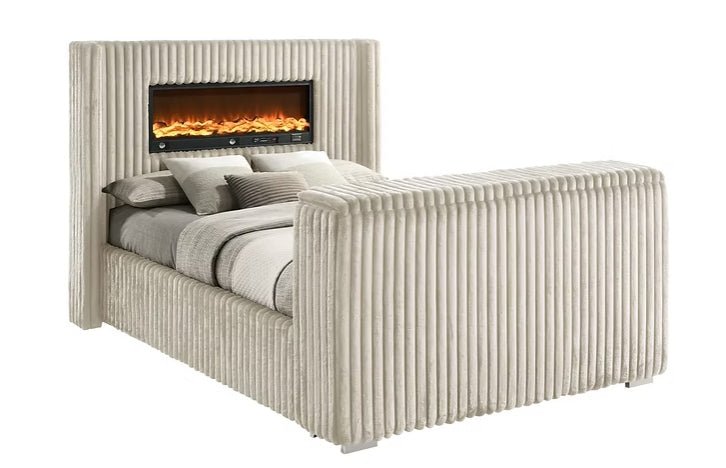 Henley Cream Corduroy Bed with Fireplace and TV Lift