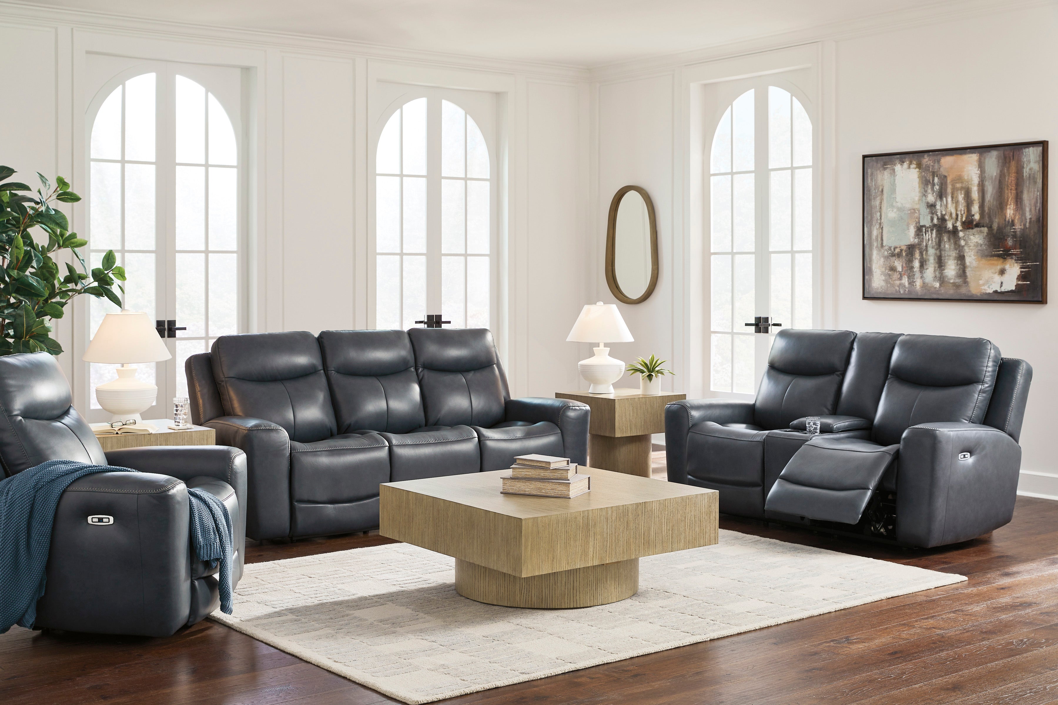 Ashley Next Move Admiral Blue Leather Power Reclining Set