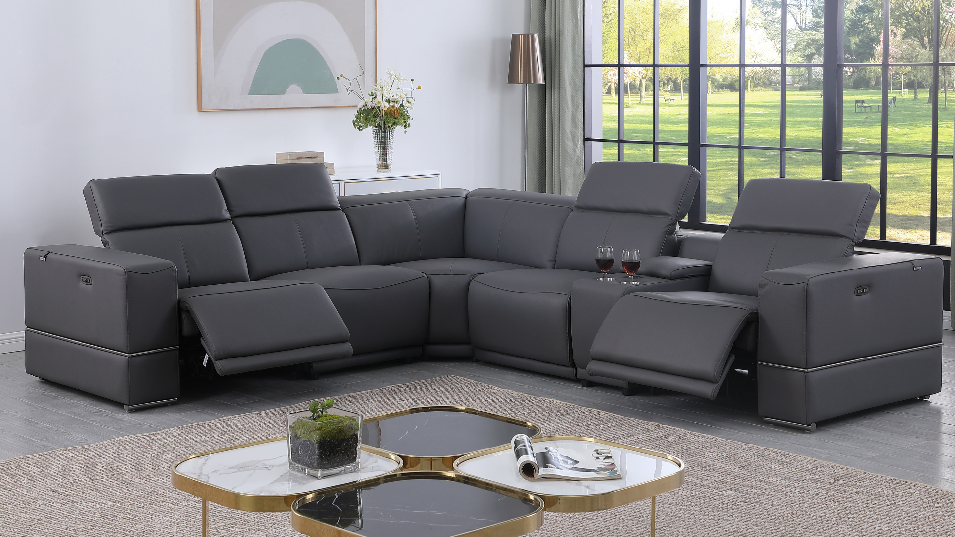 Franco Dark Gray Italian Leather Match Power Reclining Sectional
