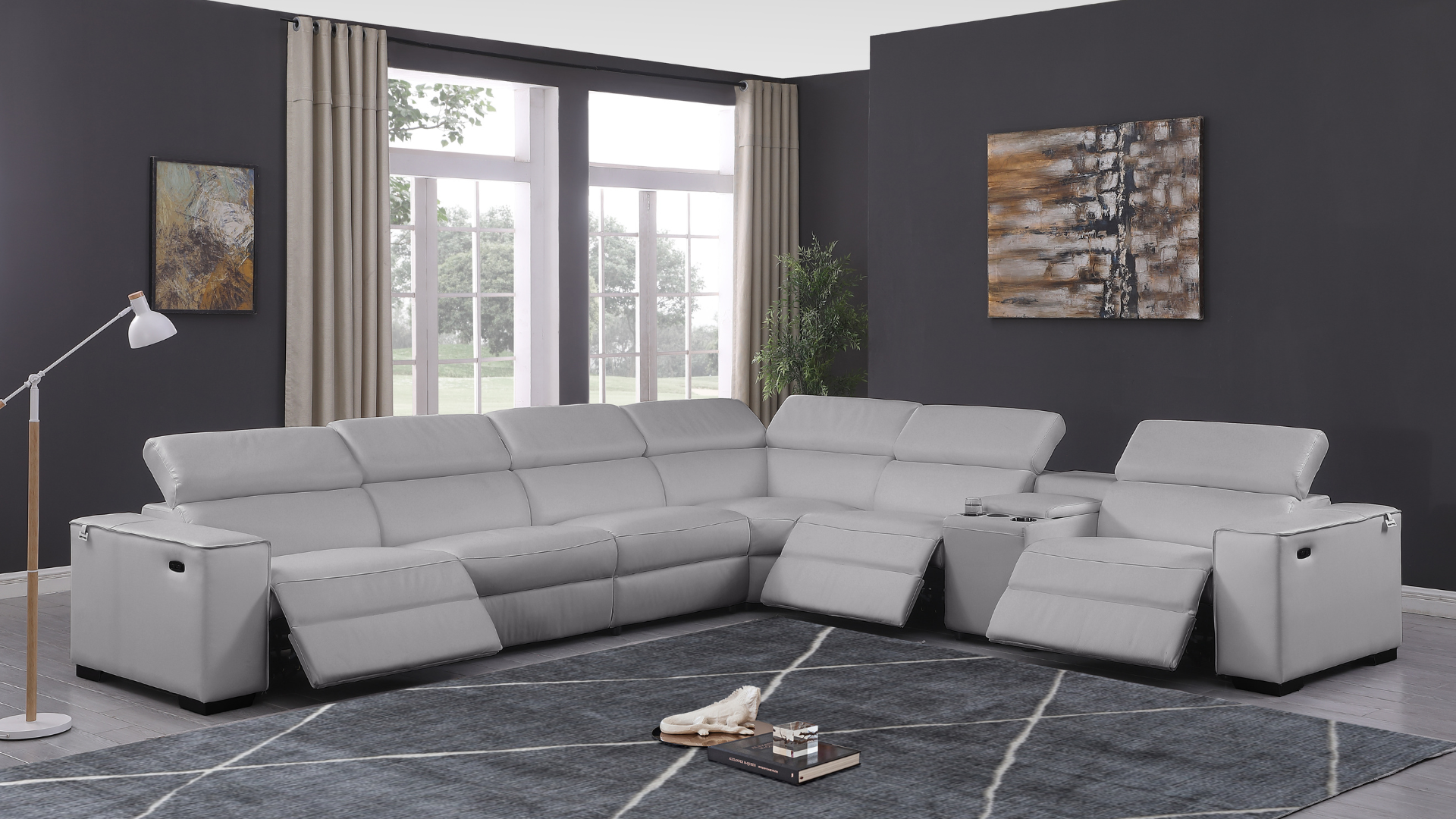 Picasso Light Gray Italian Leather Match 7-Piece Power Reclining Sectional