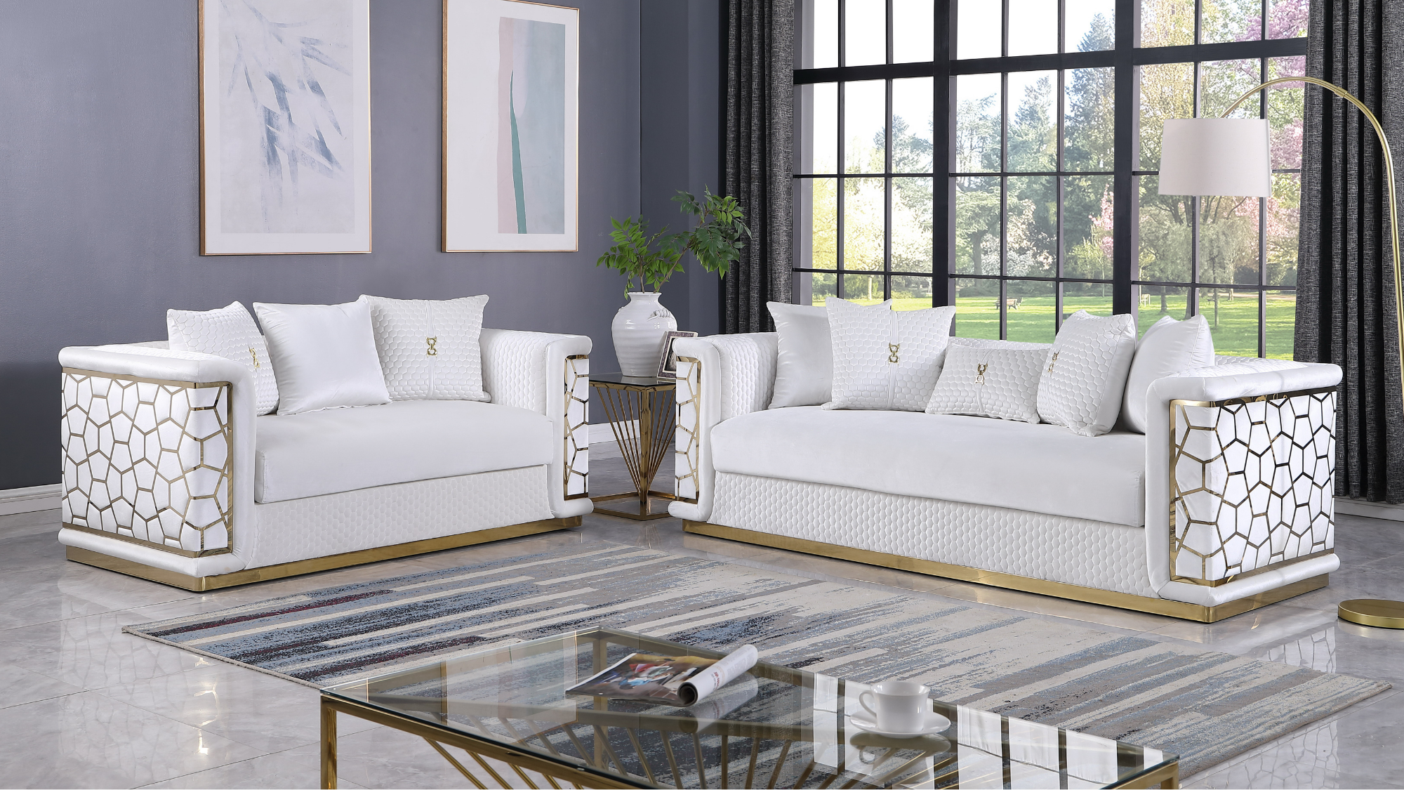 Stella White Velvet Sofa and Loveseat Set with Gold Trim, view 2
