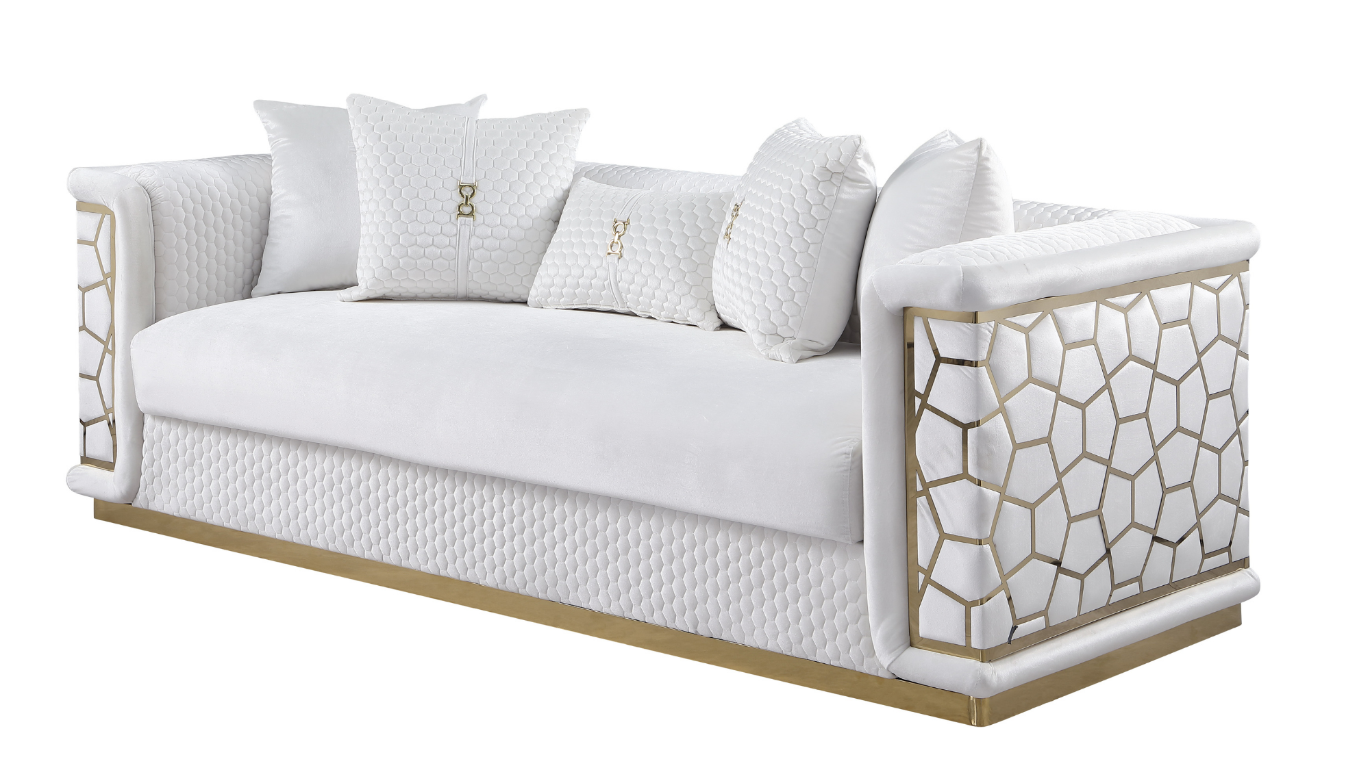 Stella White Velvet Sofa and Loveseat Set with Gold Trim, view 4