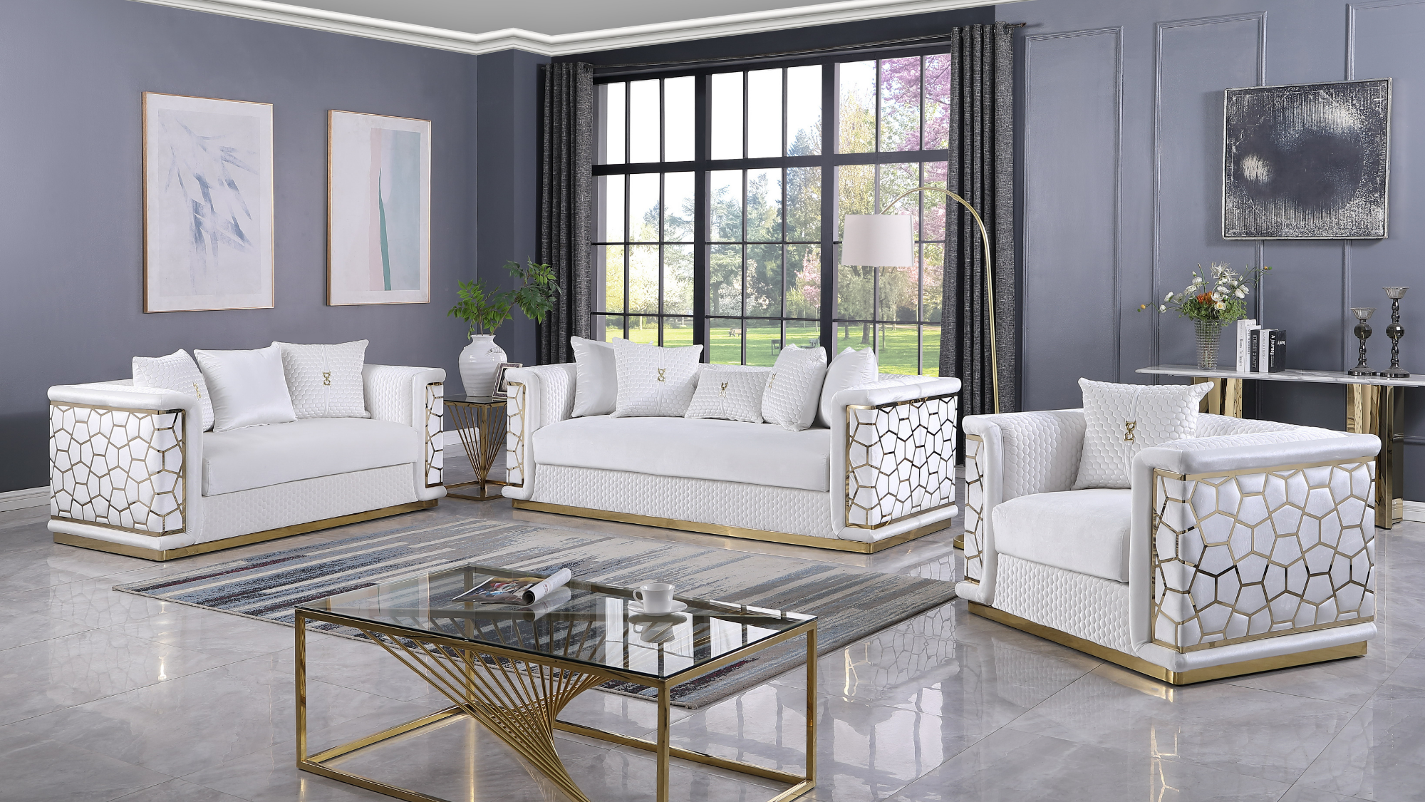 Stella White Velvet Sofa and Loveseat Set with Gold Trim