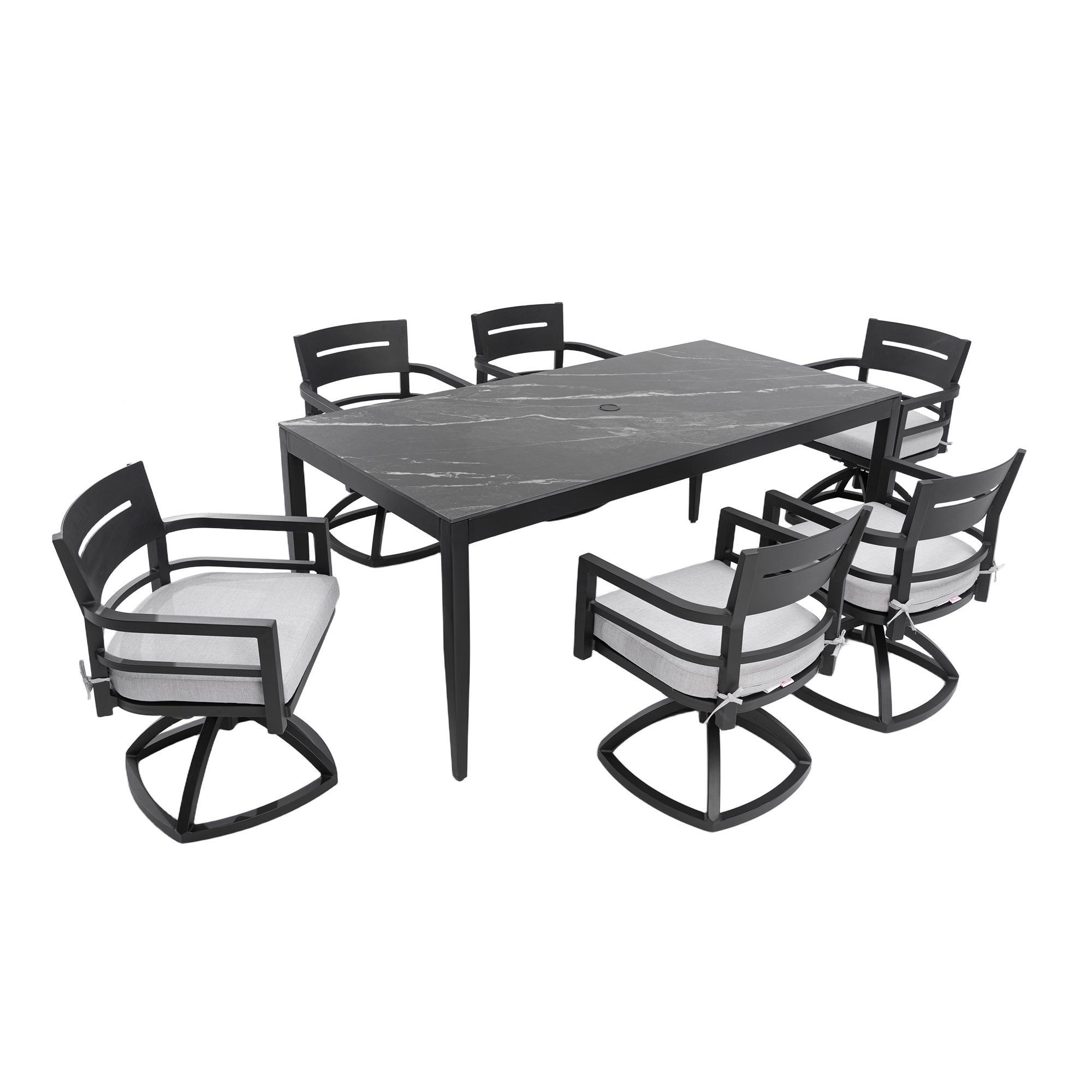 Modern 7-Piece Outdoor Patio Aluminum Dining Set, 35.5'x71' Rectangular Dining Table with Black Marble-Look Sintered Stone Top, Ember Black, 6 Swivel Rockers with Sunbrella Cushions