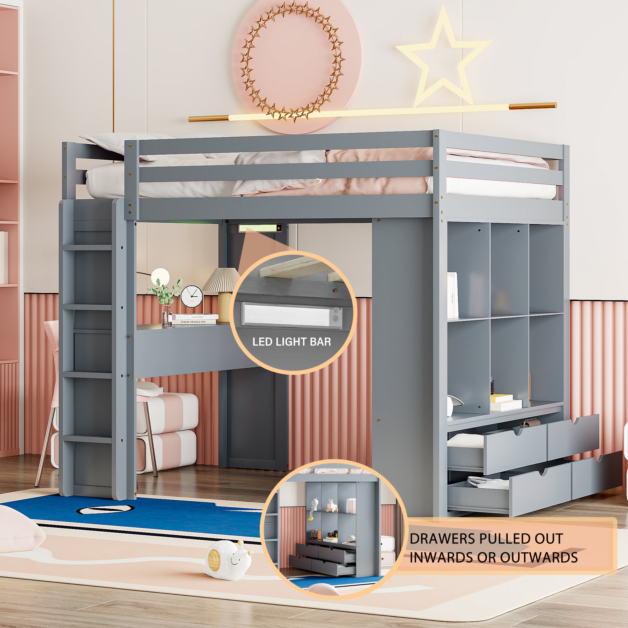 Full Size Loft Bed with large shelves, writing desk and LED Light, Gray