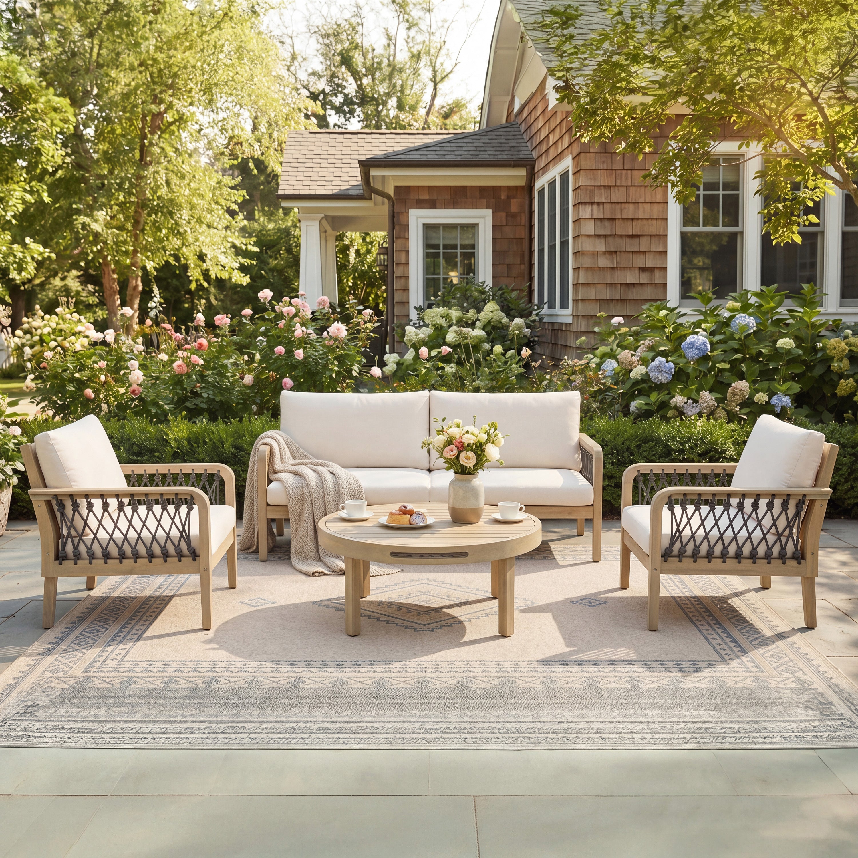 4-Piece Acacia Wood Outdoor Patio Furniture Set, All-Weather Conversation Sofa Set with Rope Woven Armrests, Removable Cushions for Backyard Garden,Light teak+Dark grey rope+Cream cushion