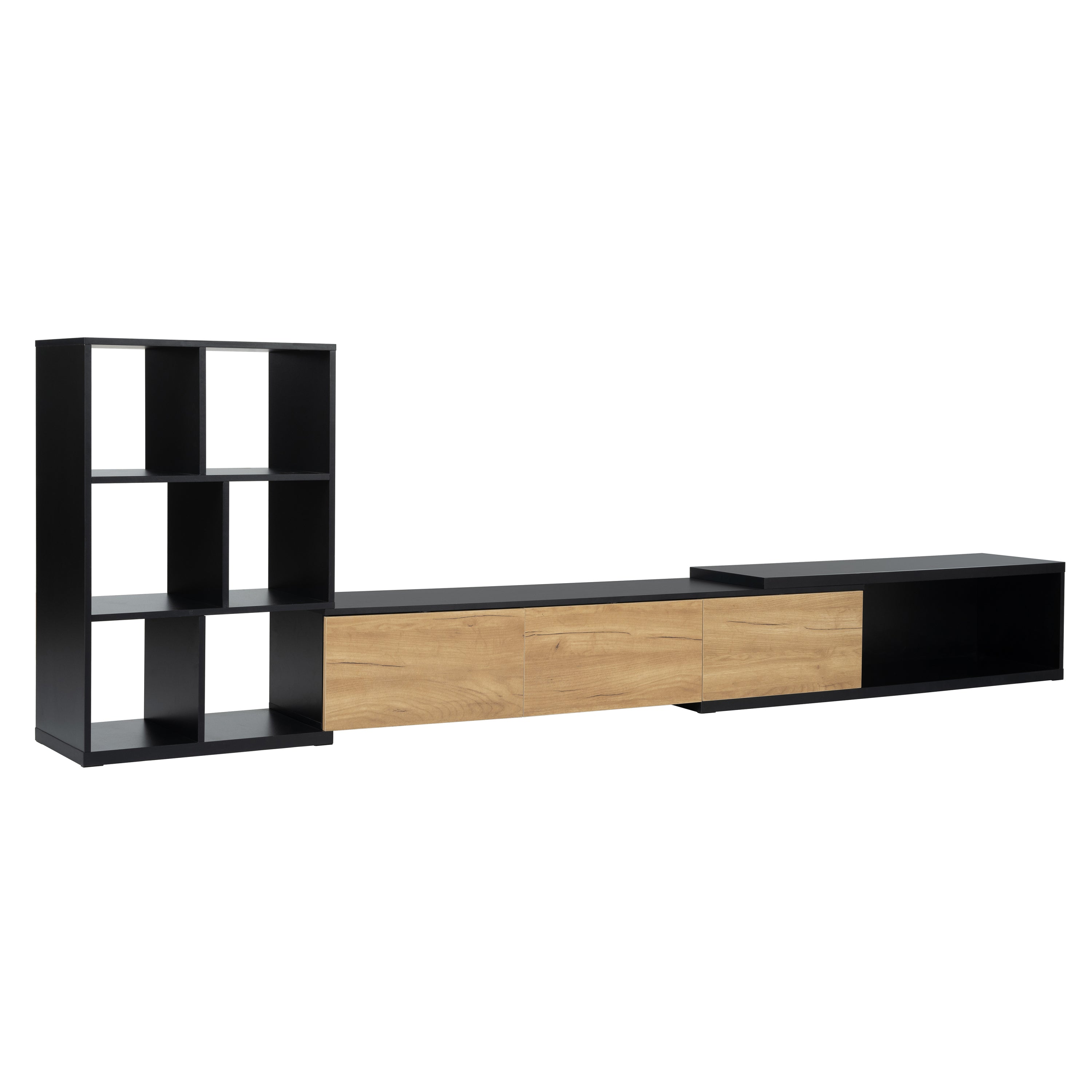 [VIDEO provided] ON-TREND Extendable TV Stand and Coffee Table, Set of 2, Media Console with 3 Tier Bookshelves for TVs up to 110'', Dual-tone Center Table with Sliding Tabletop for Living Room, Black