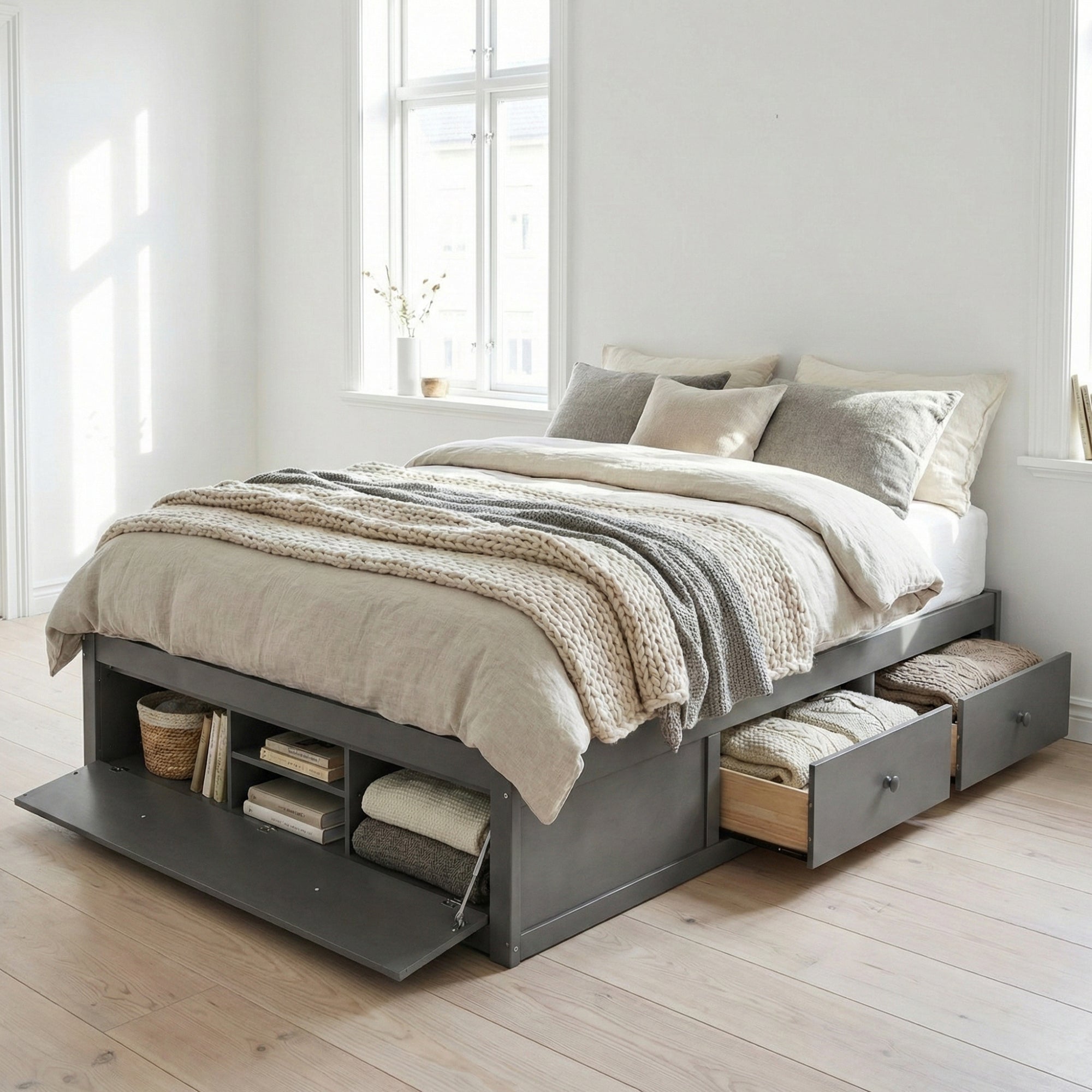 Queen Size Platform Bed Frame with 4 Storage Drawers and Hydraulic Lift Footboard Storage, No Headboard, Modern Space-Saving Design-Antique Gray