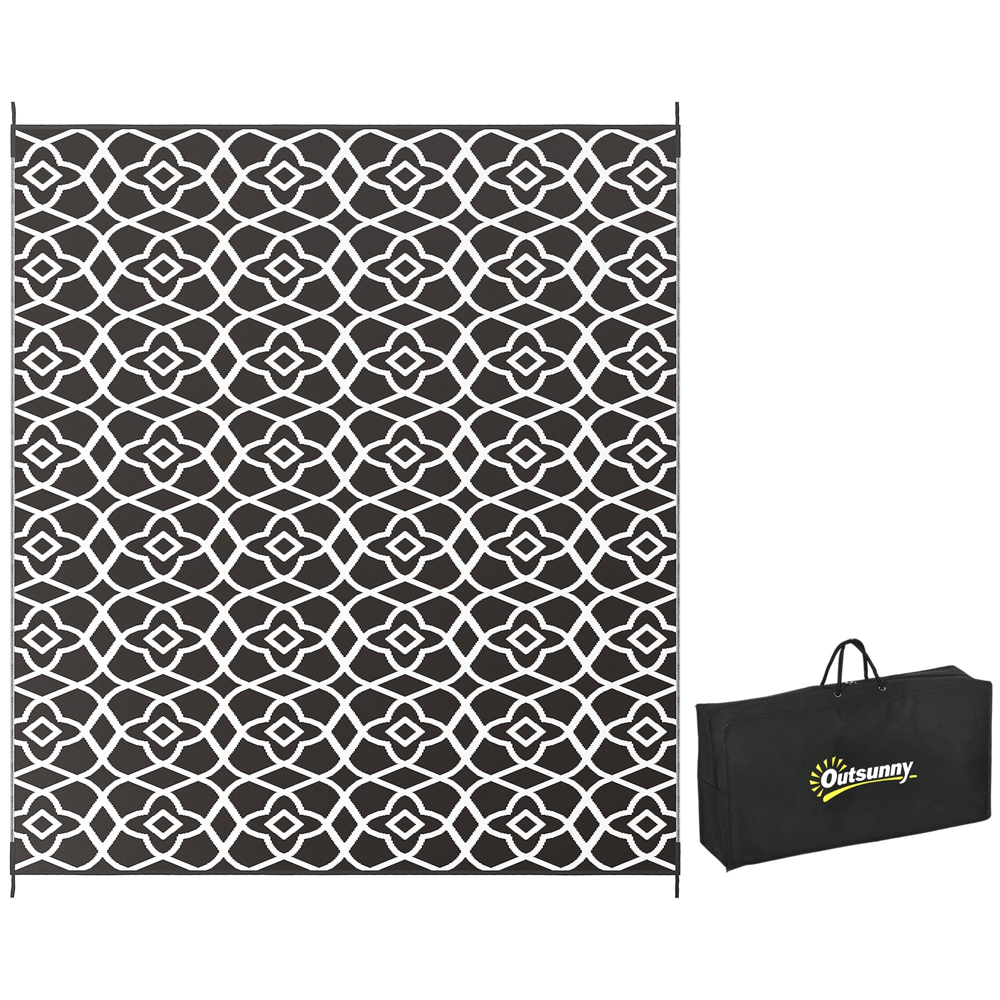 Outsunny Reversible Outdoor Rug, 8' x 10' Waterproof Plastic Straw Floor Mat, Portable RV Camping Carpet with Carry Bag, Large Floor Mat for Backyard, Deck, Picnic, Beach, Black & White Clover
